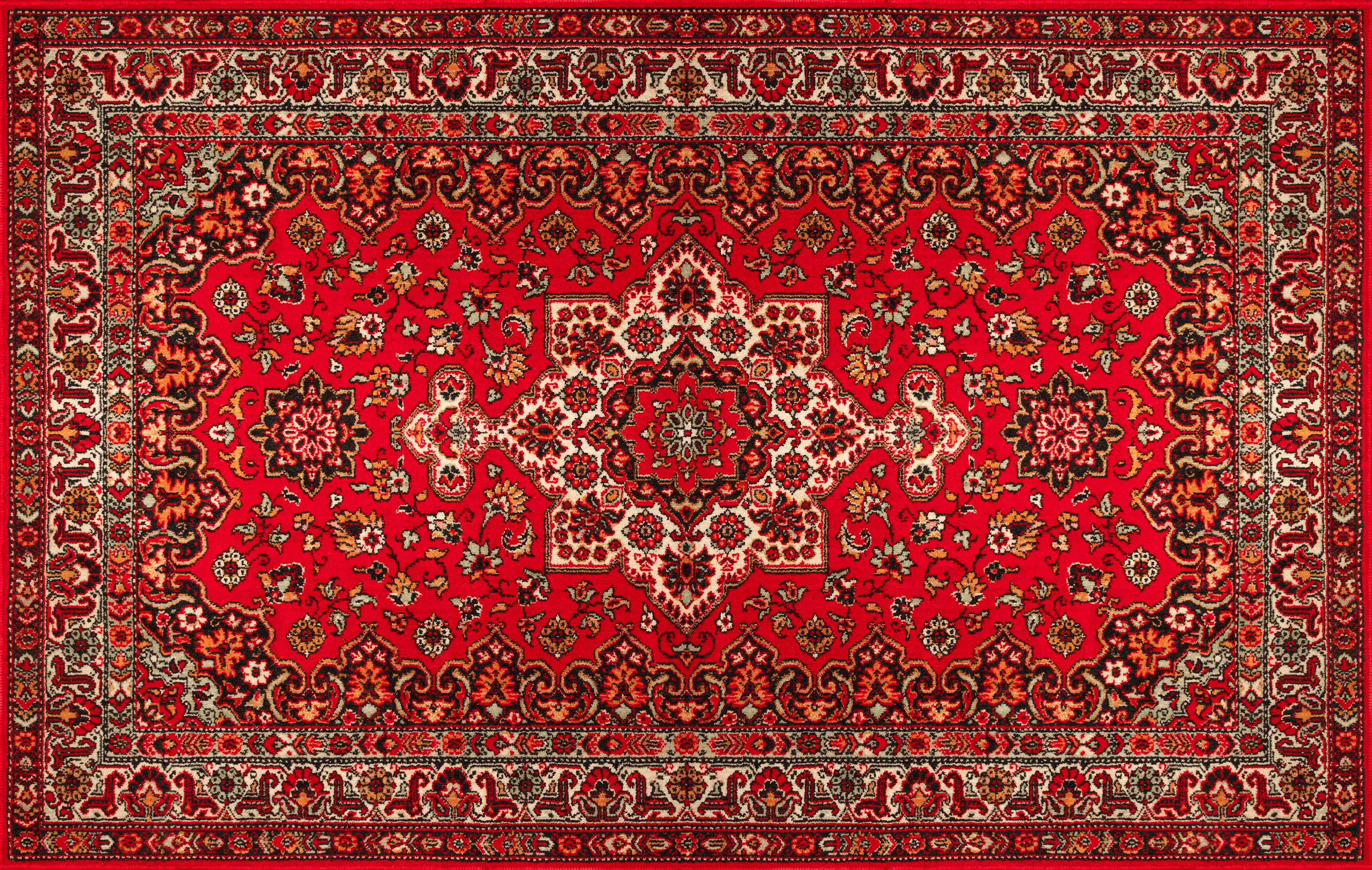Wandverkleidung Wohnzimmer-Eleganter roter Perserteppich mit detailreichem Muster