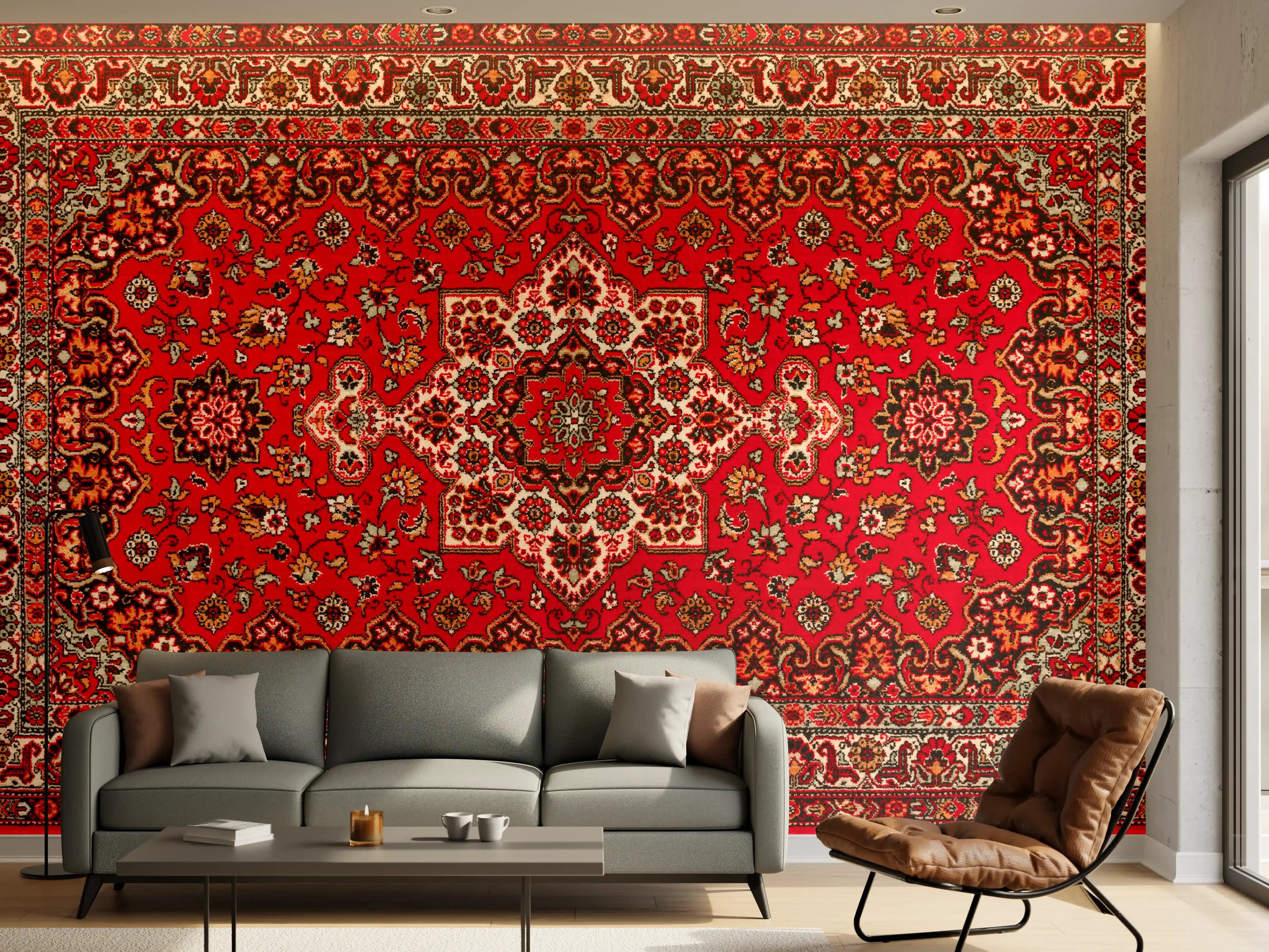 Wandverkleidung Wohnzimmer - Eleganter roter Perserteppich mit detailreichem Muster