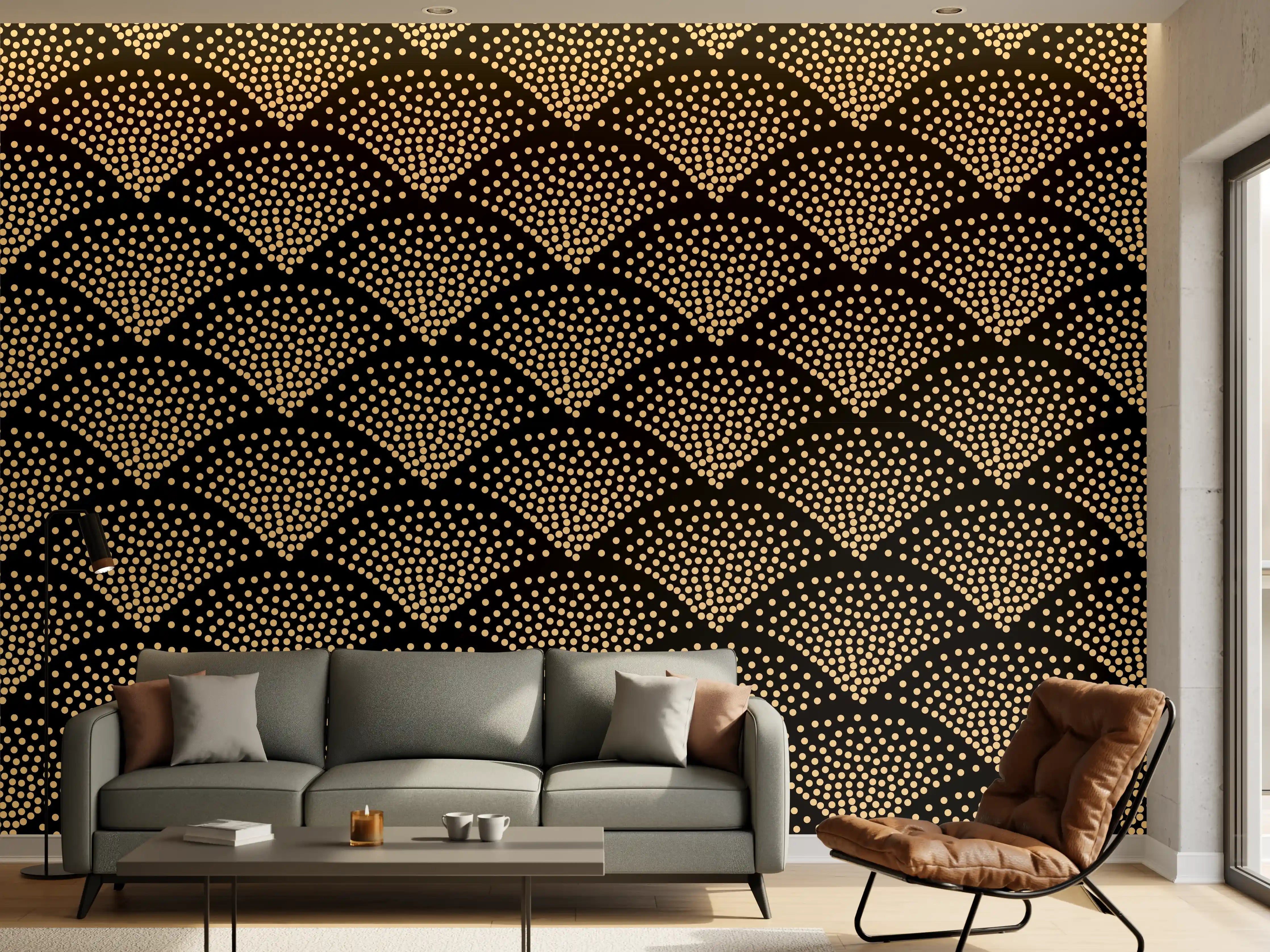 Wandverkleidung Wohnzimmer - Eleganter schwarzer Stoff mit goldenen Punkten