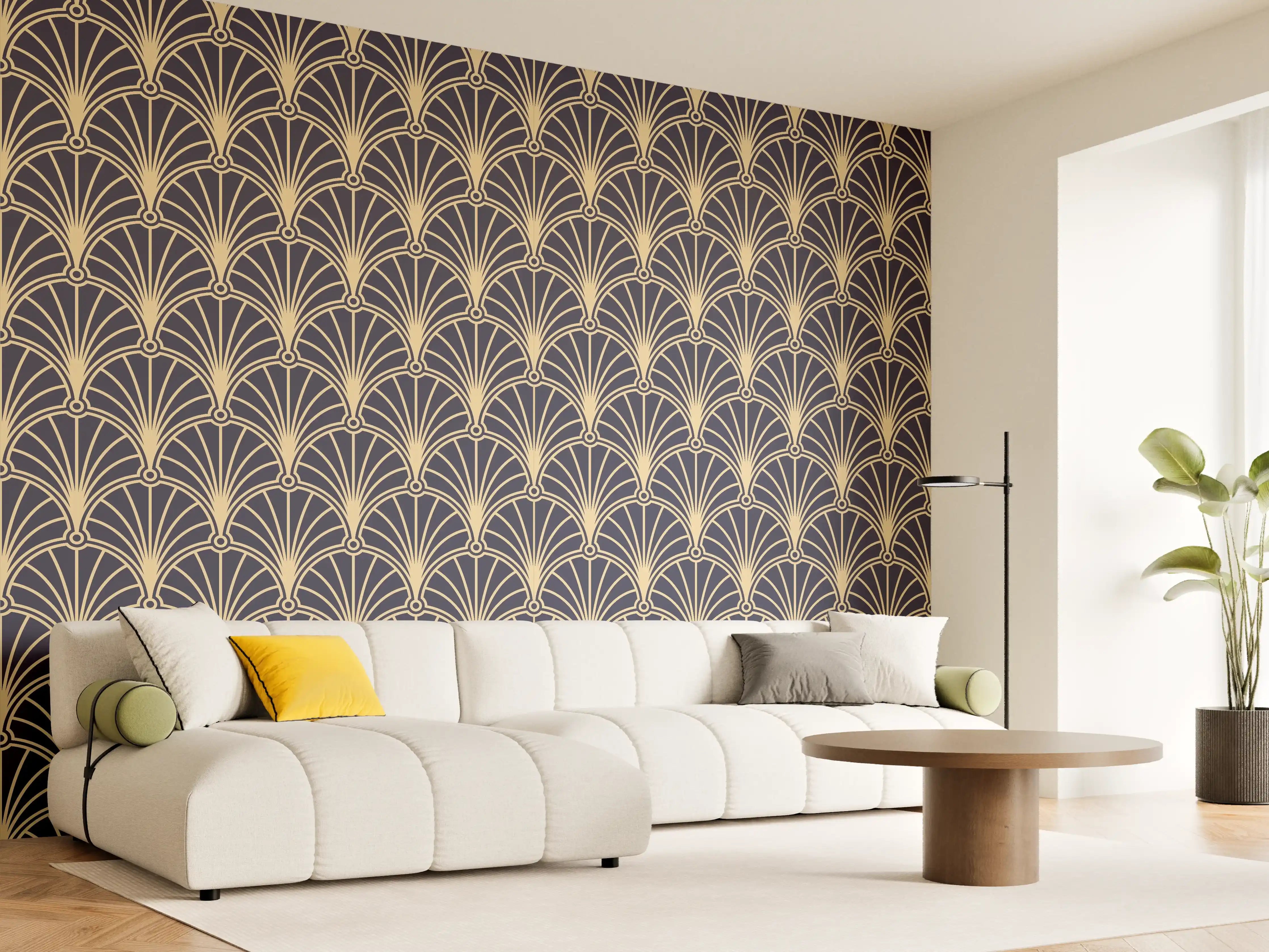 Wandverkleidung Wohnzimmer - Elegantes Art Déco Muster in Gold und Blau