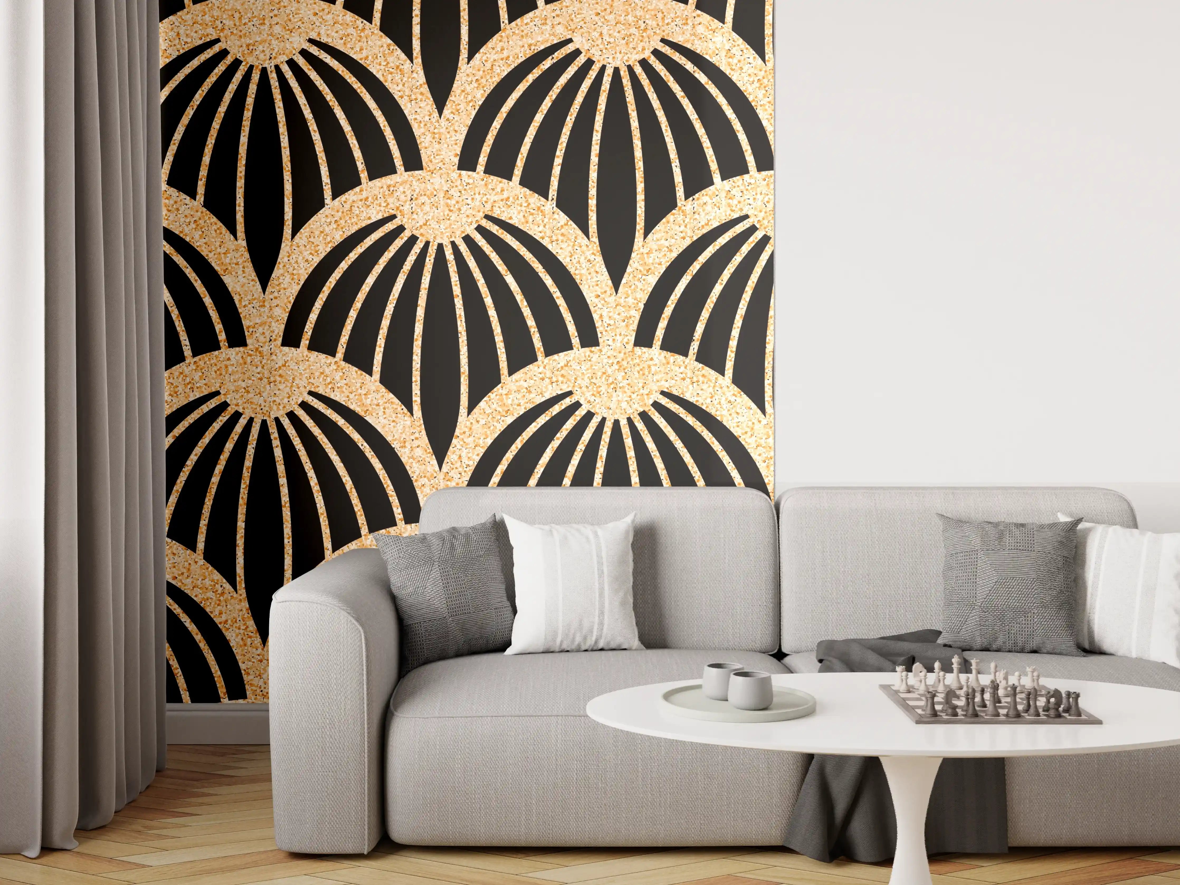 Wandverkleidung Wohnzimmer - Elegantes Art Déco Muster in Schwarz und Kupfer