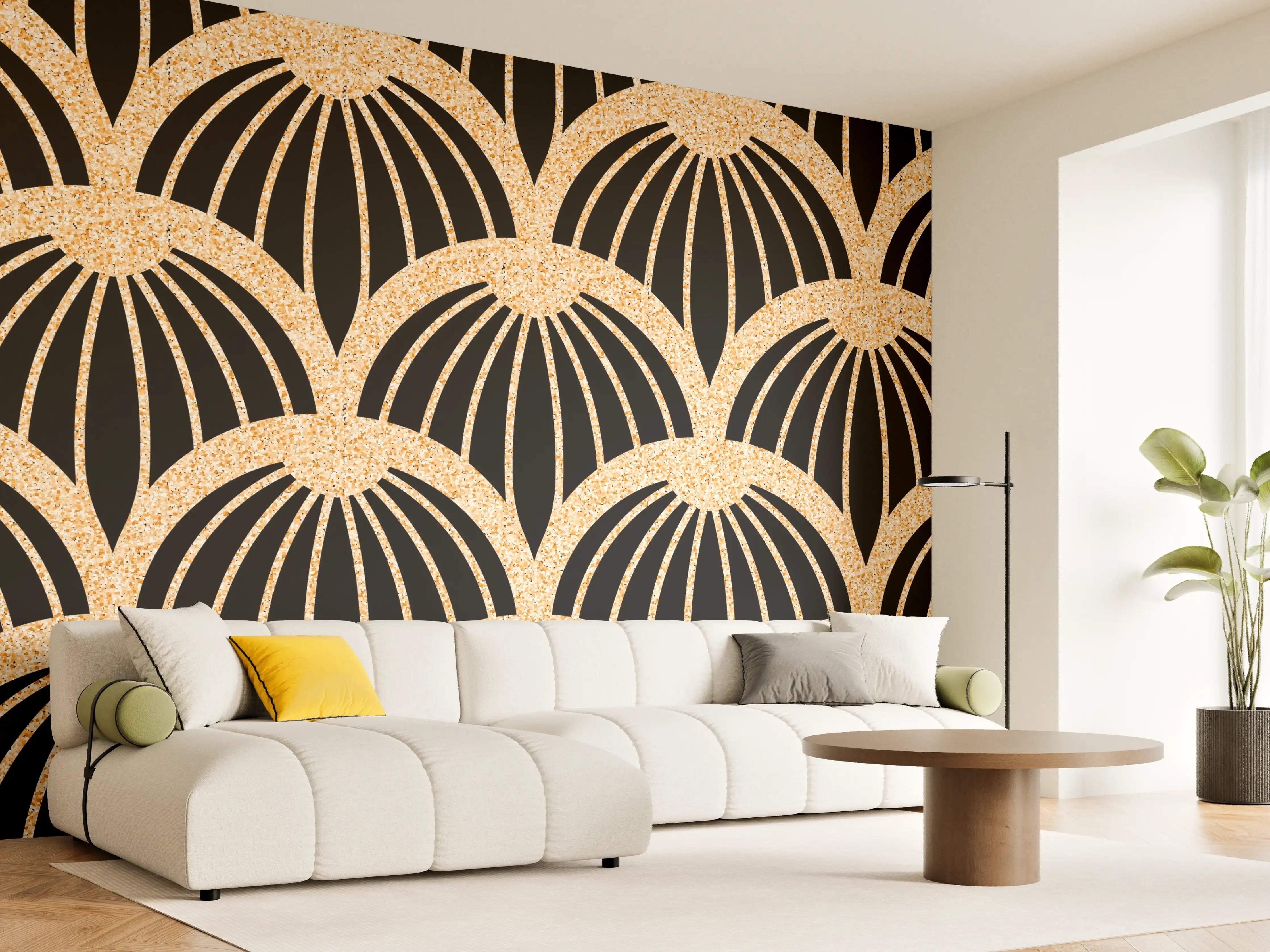 Wandverkleidung Wohnzimmer - Elegantes Art Déco Muster in Schwarz und Kupfer