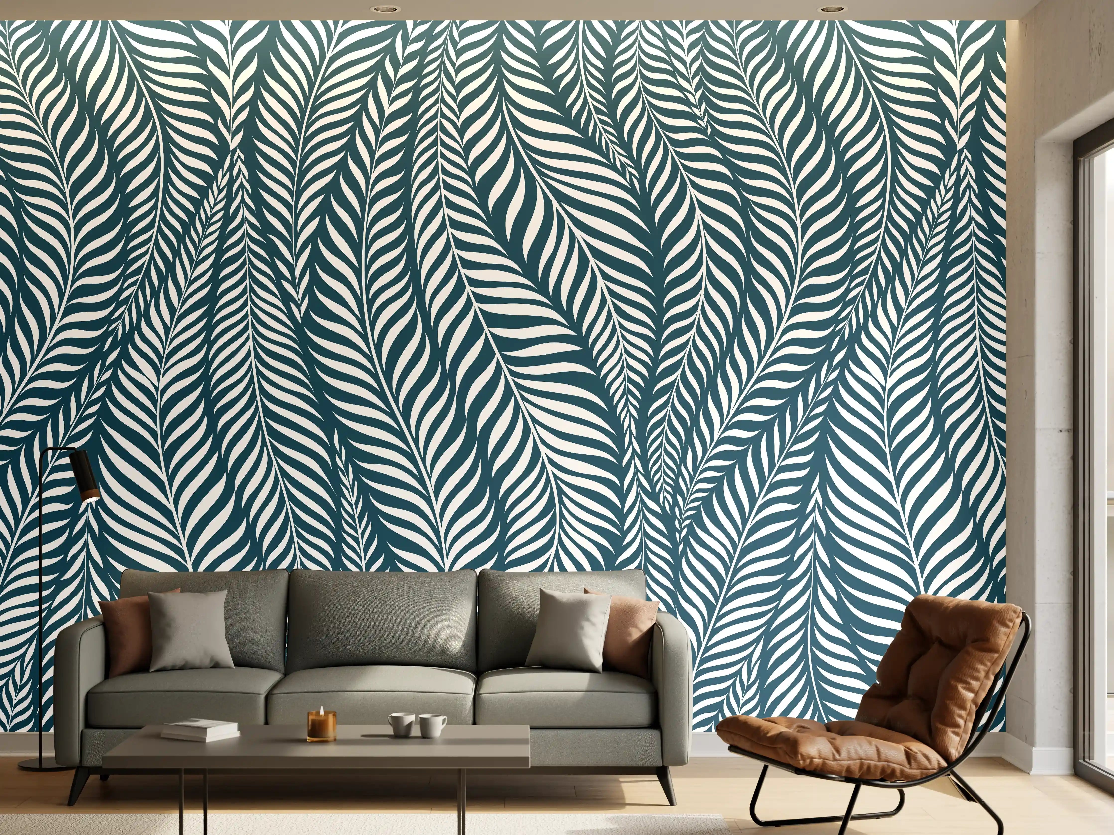Wandverkleidung Wohnzimmer - Elegantes Blättermuster in Blau und Weiß