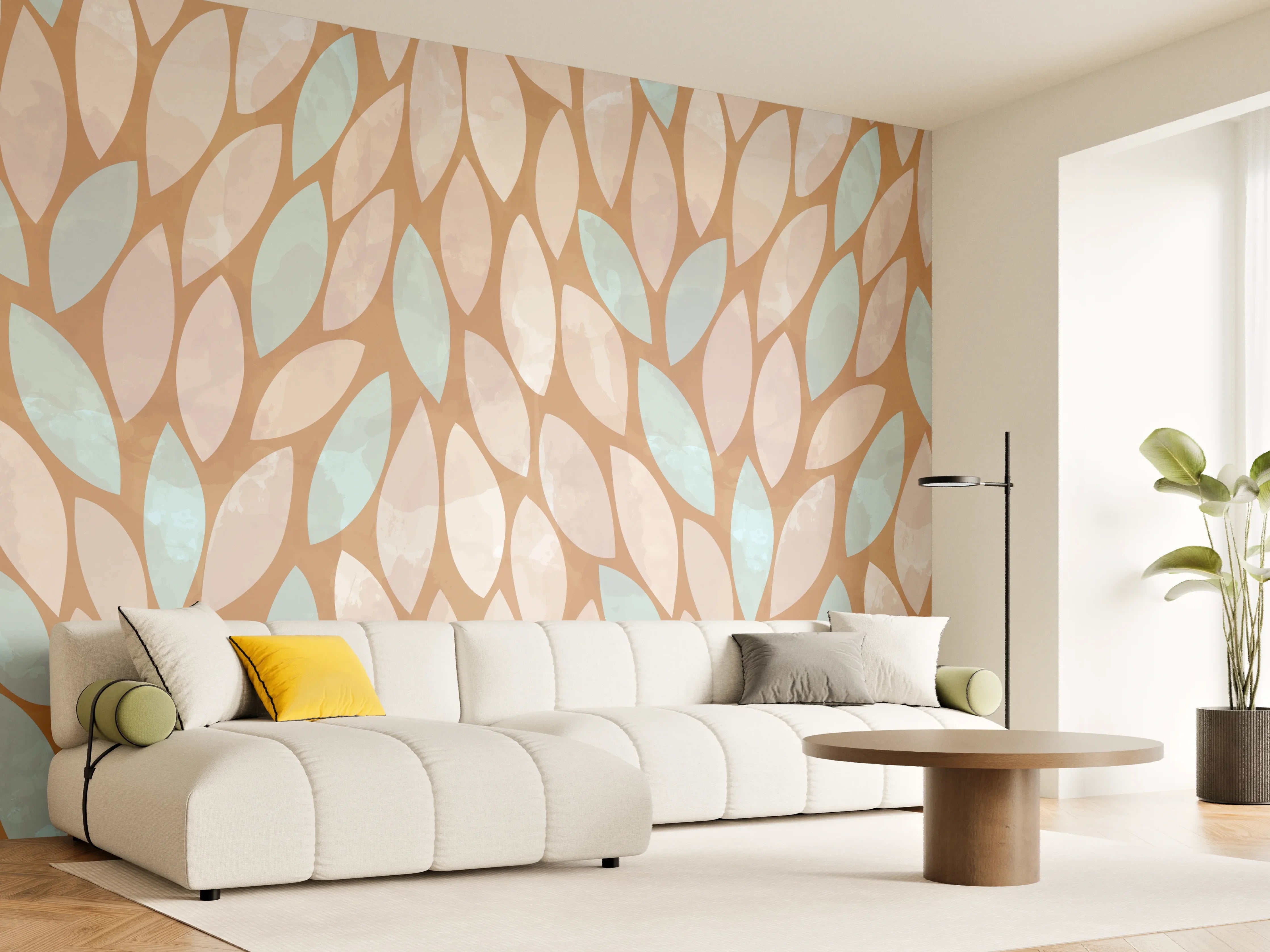 Wandverkleidung Wohnzimmer - Elegantes Blättermuster in Erdtönen