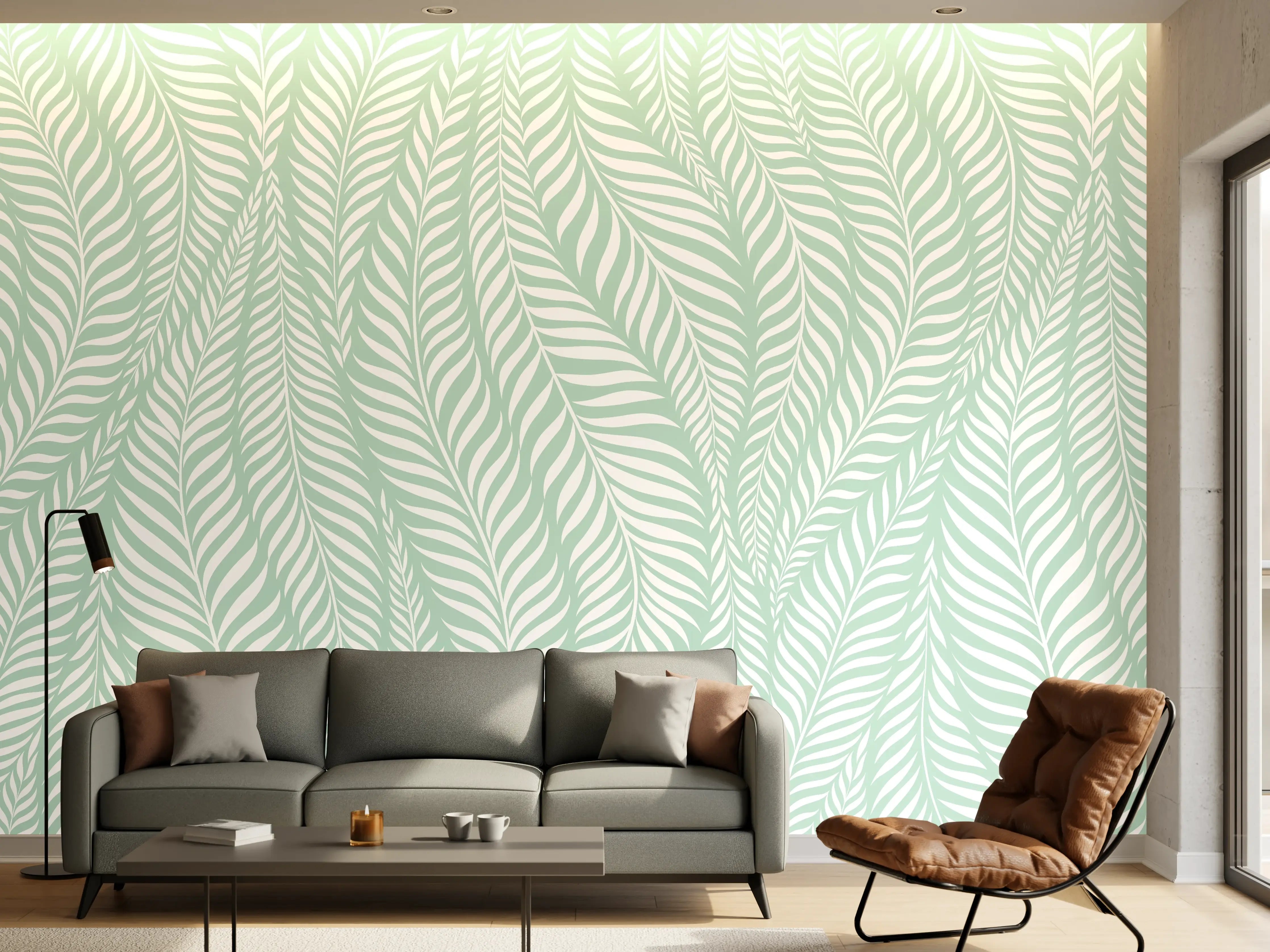 Wandverkleidung Wohnzimmer - Elegantes Blättermuster in Softgrün