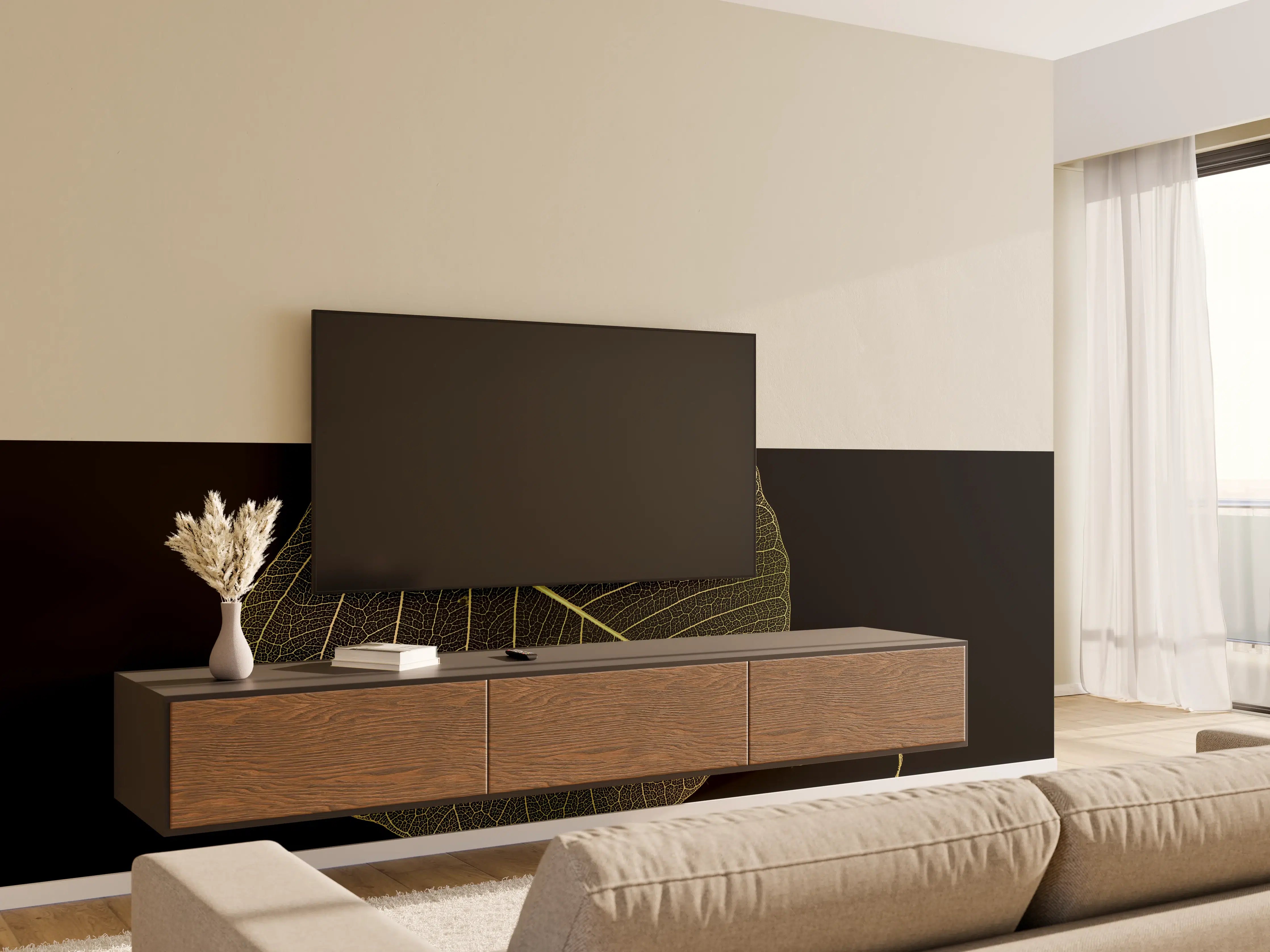 Wandverkleidung Wohnzimmer - Elegantes Blatt auf dunklem Hintergrund