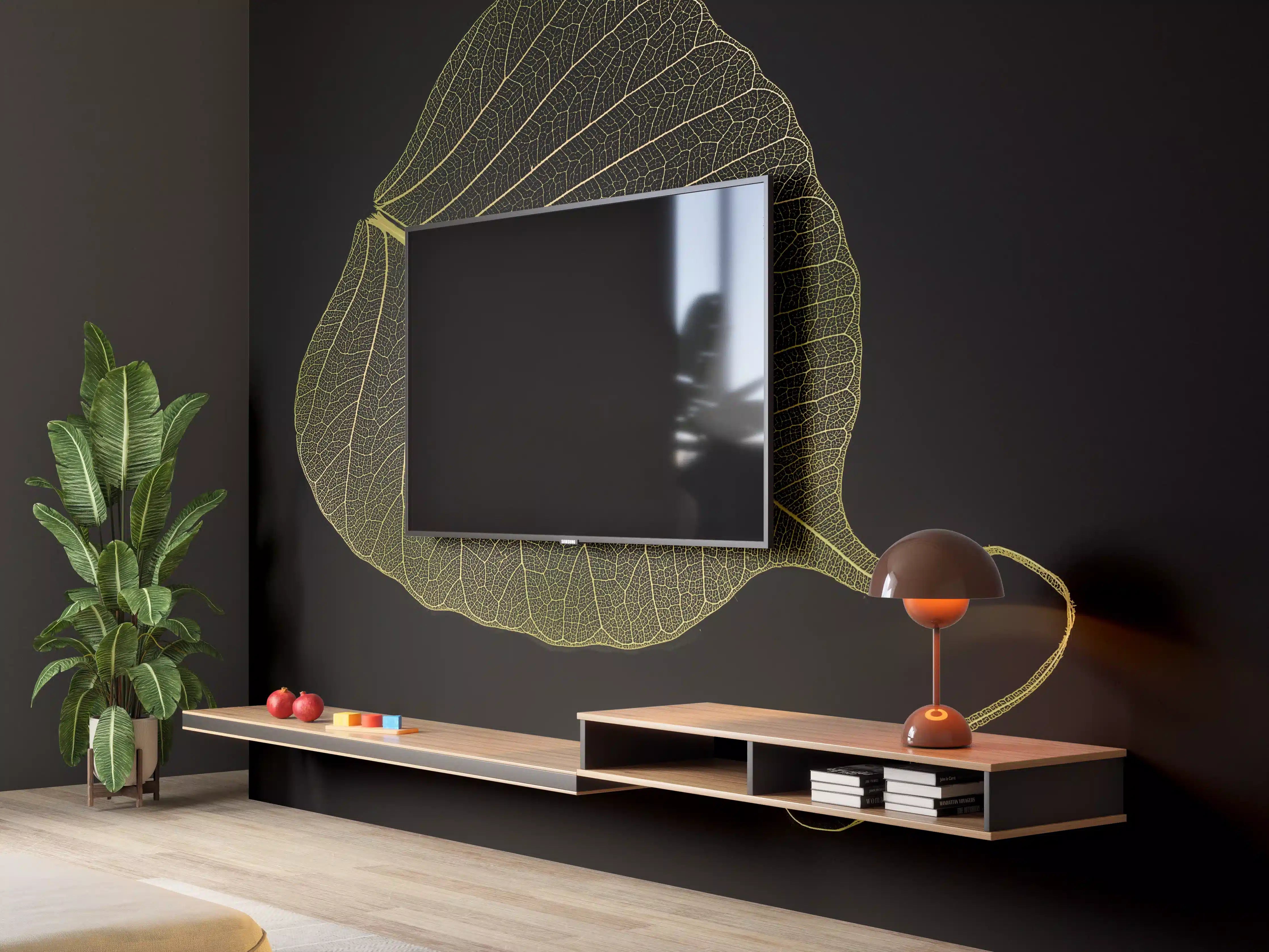 Wandverkleidung Wohnzimmer - Elegantes Blatt auf dunklem Hintergrund