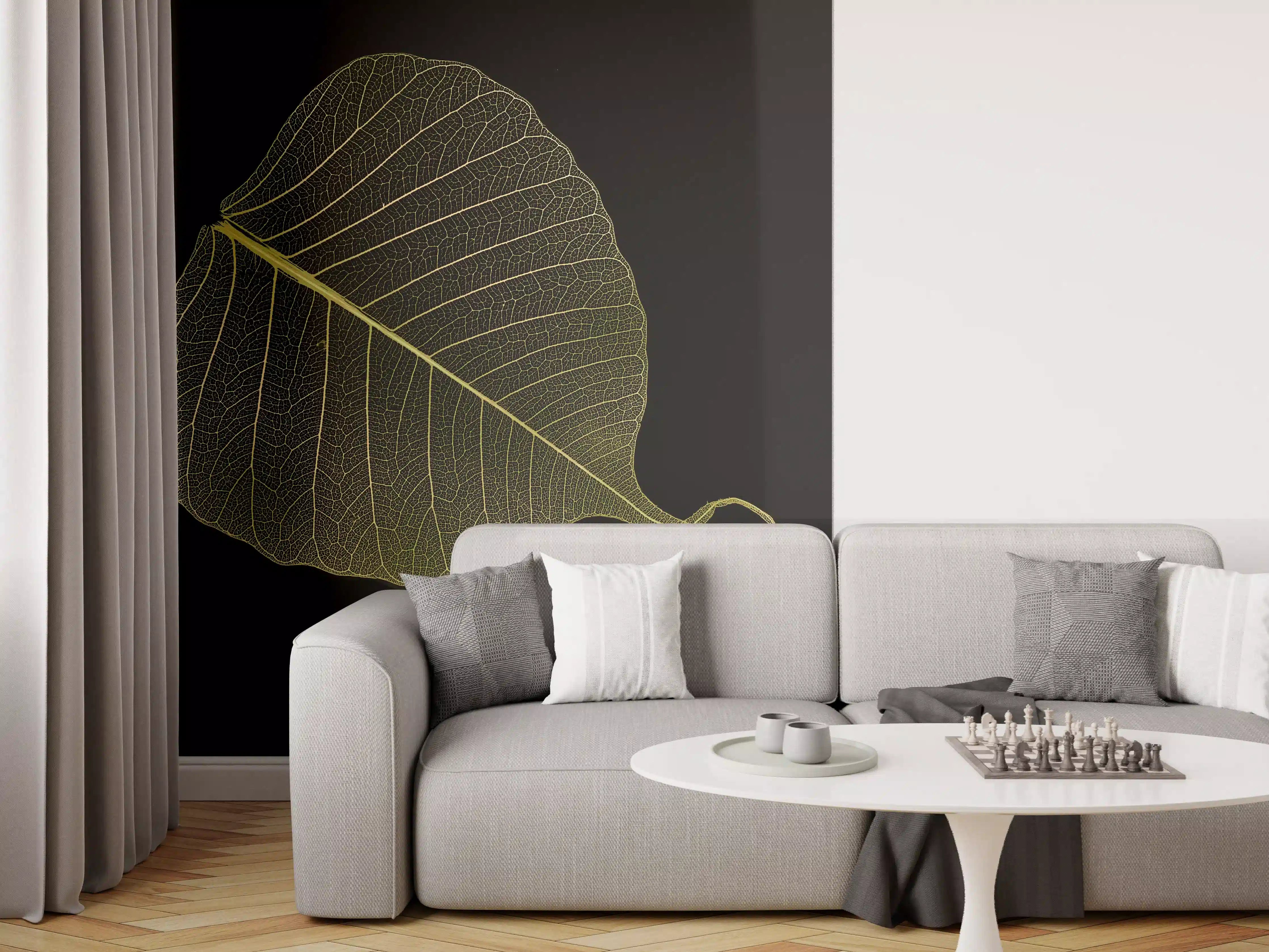 Wandverkleidung Wohnzimmer - Elegantes Blatt auf dunklem Hintergrund