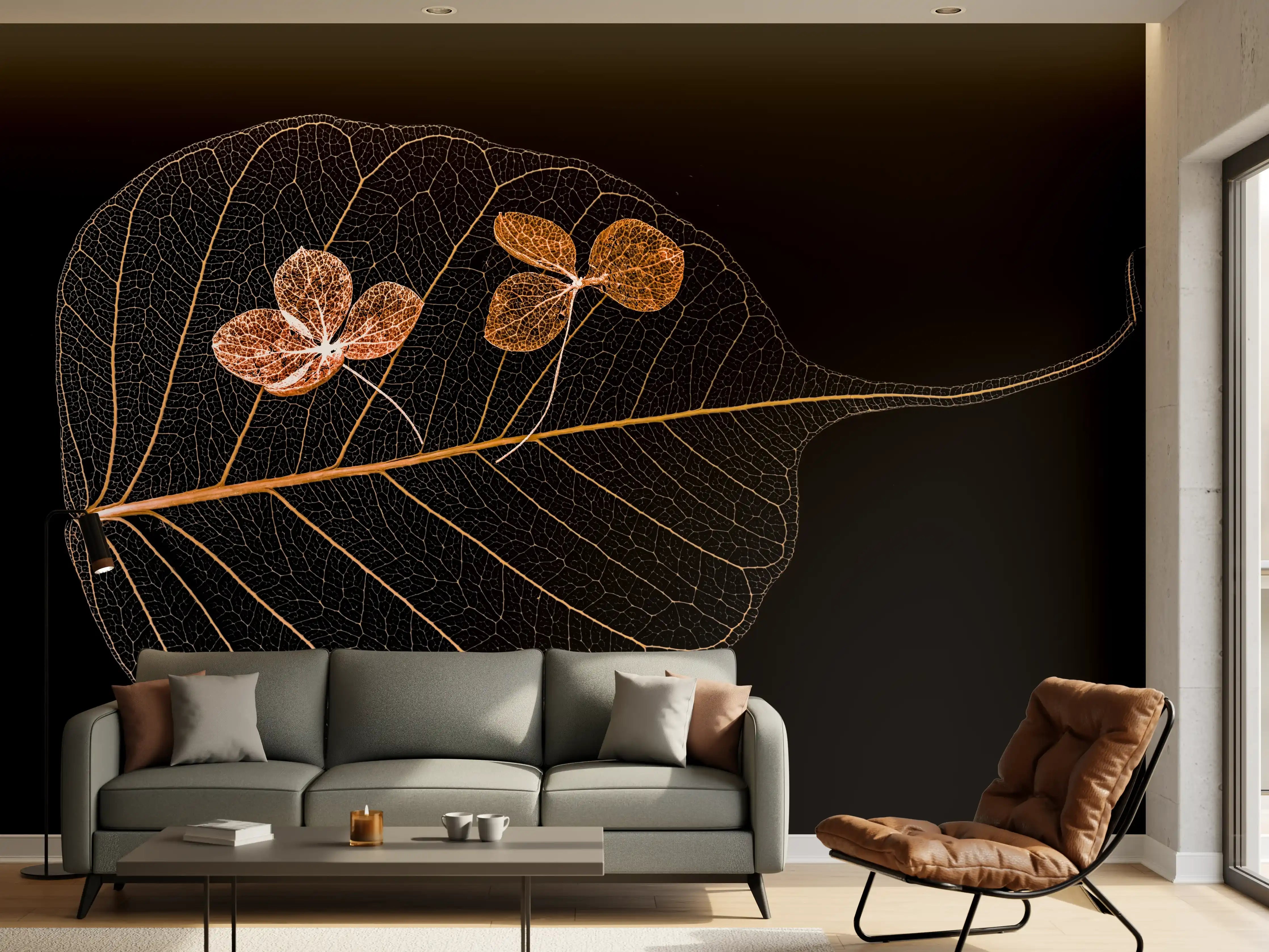 Wandverkleidung Wohnzimmer - Elegantes Blatt mit filigranen Blumen