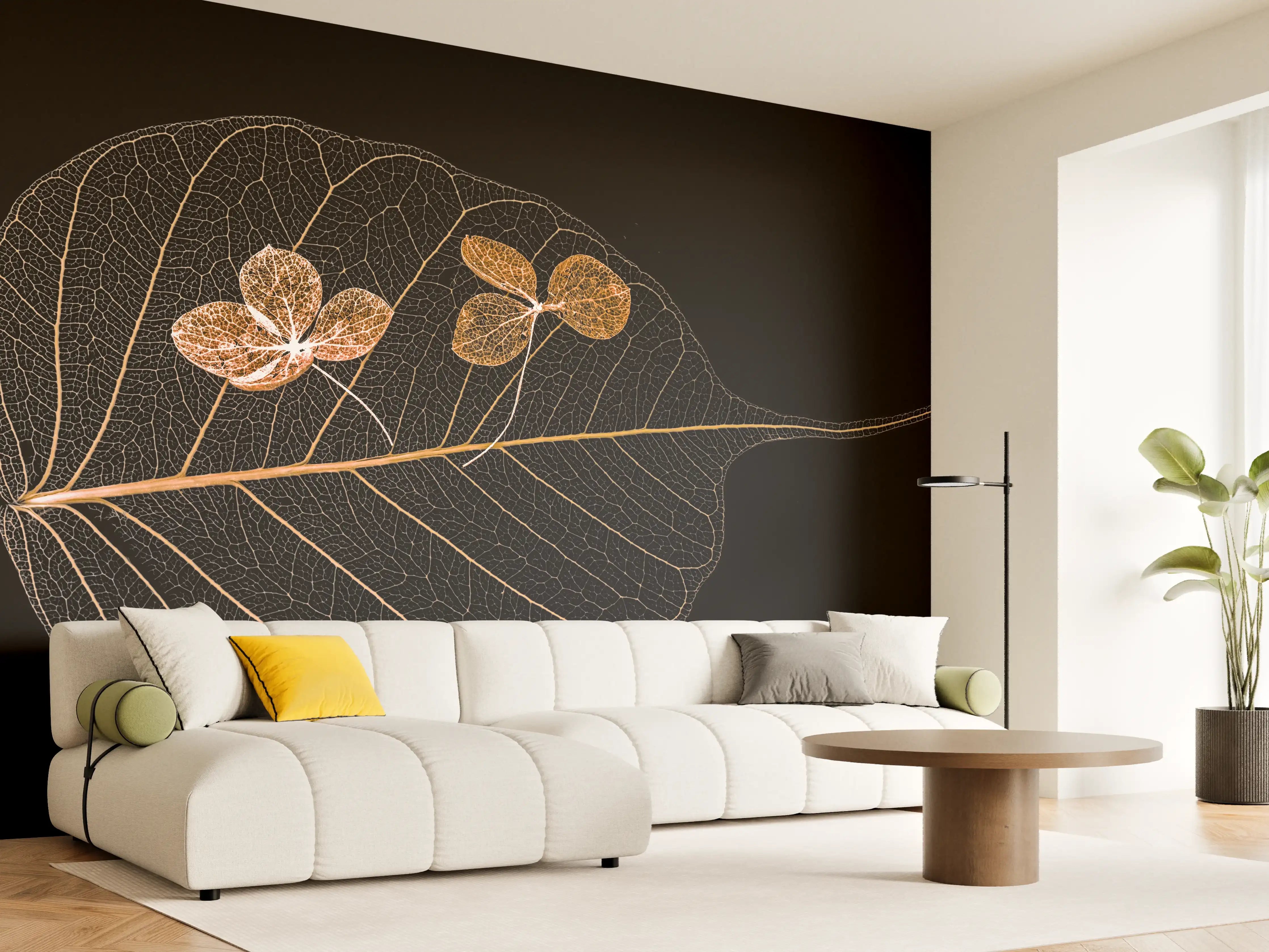 Wandverkleidung Wohnzimmer - Elegantes Blatt mit filigranen Blumen