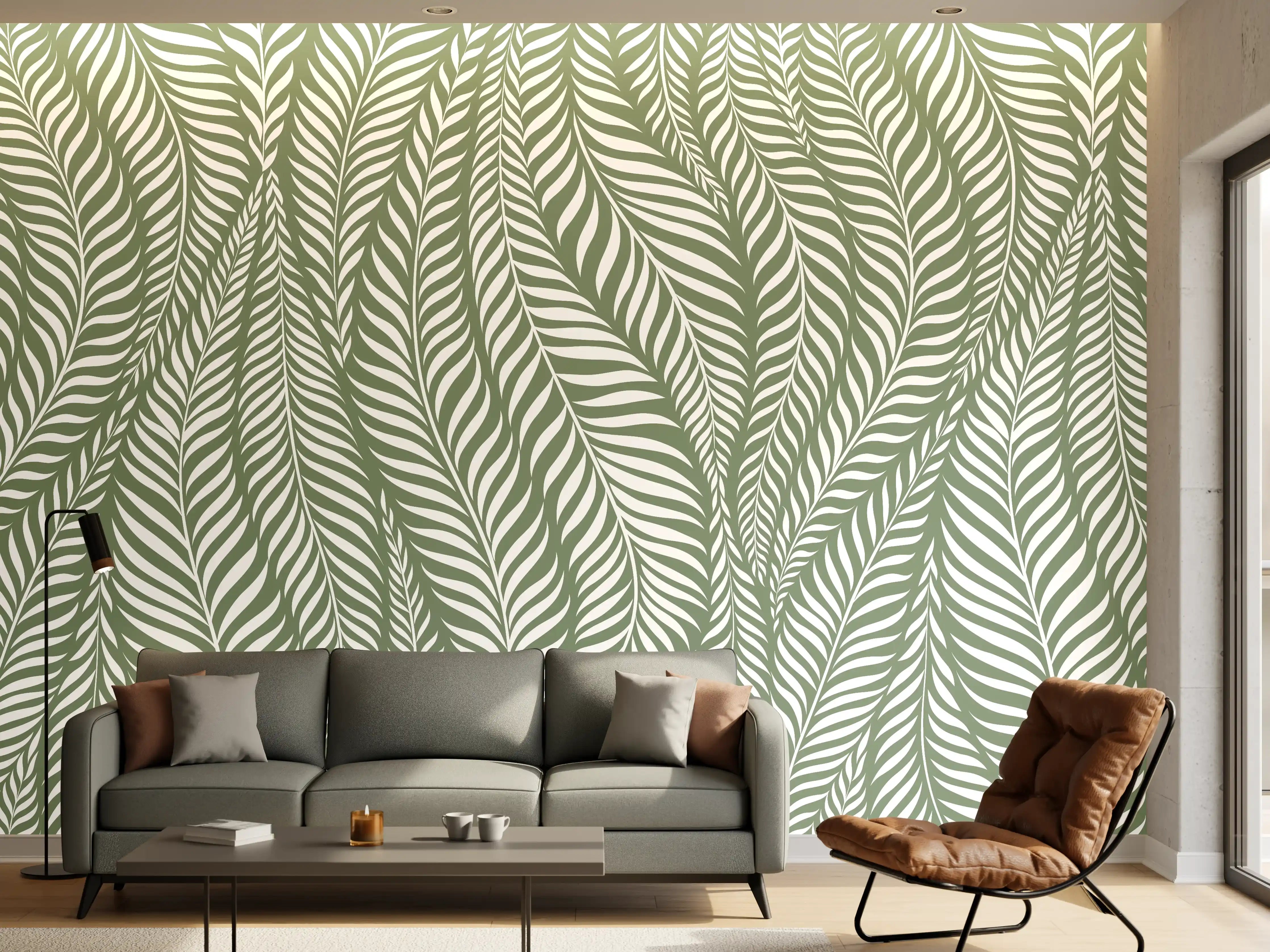 Wandverkleidung Wohnzimmer - Elegantes Blattmuster in Grün