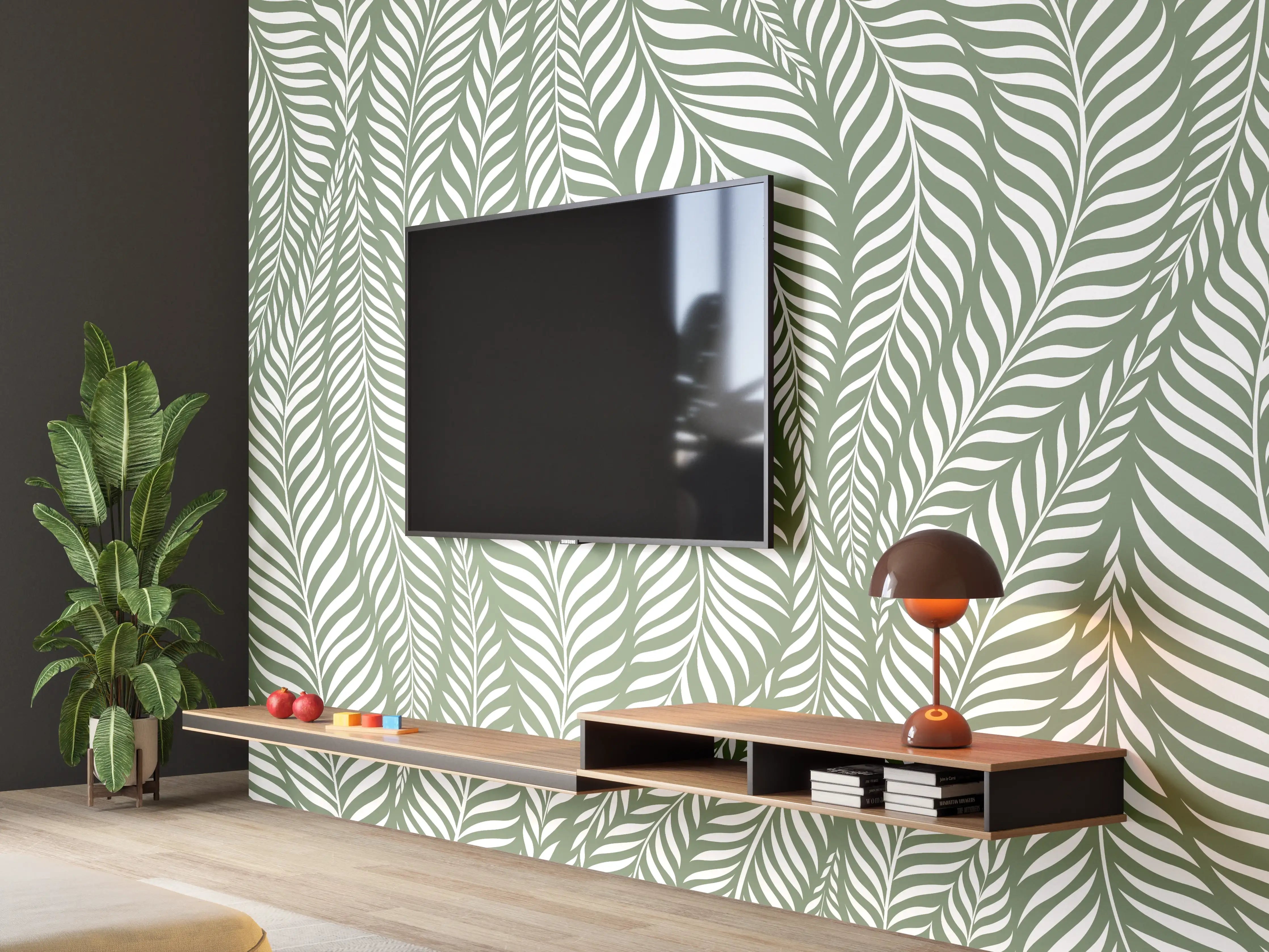 Wandverkleidung Wohnzimmer - Elegantes Blattmuster in Grün