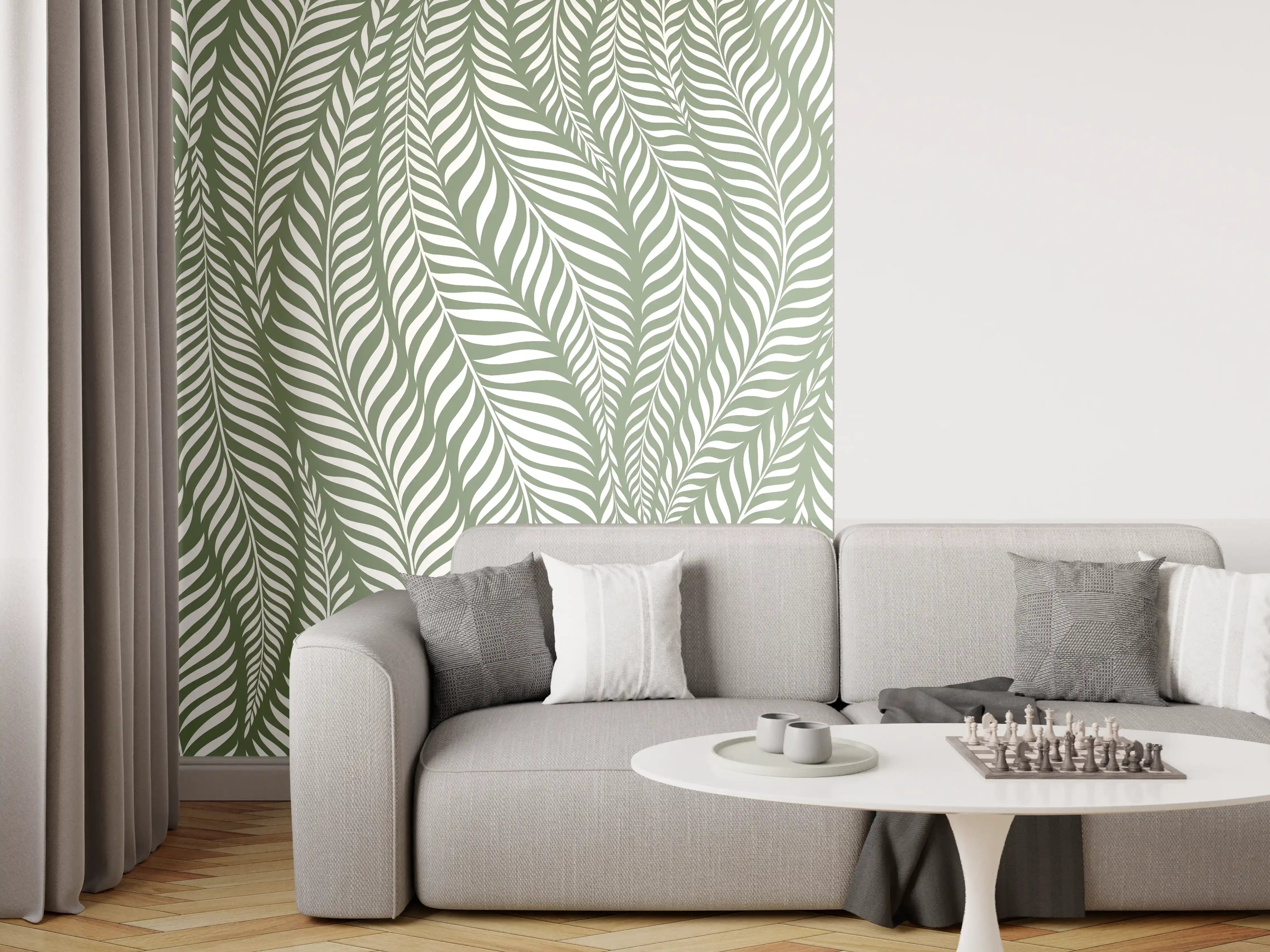 Wandverkleidung Wohnzimmer - Elegantes Blattmuster in Grün