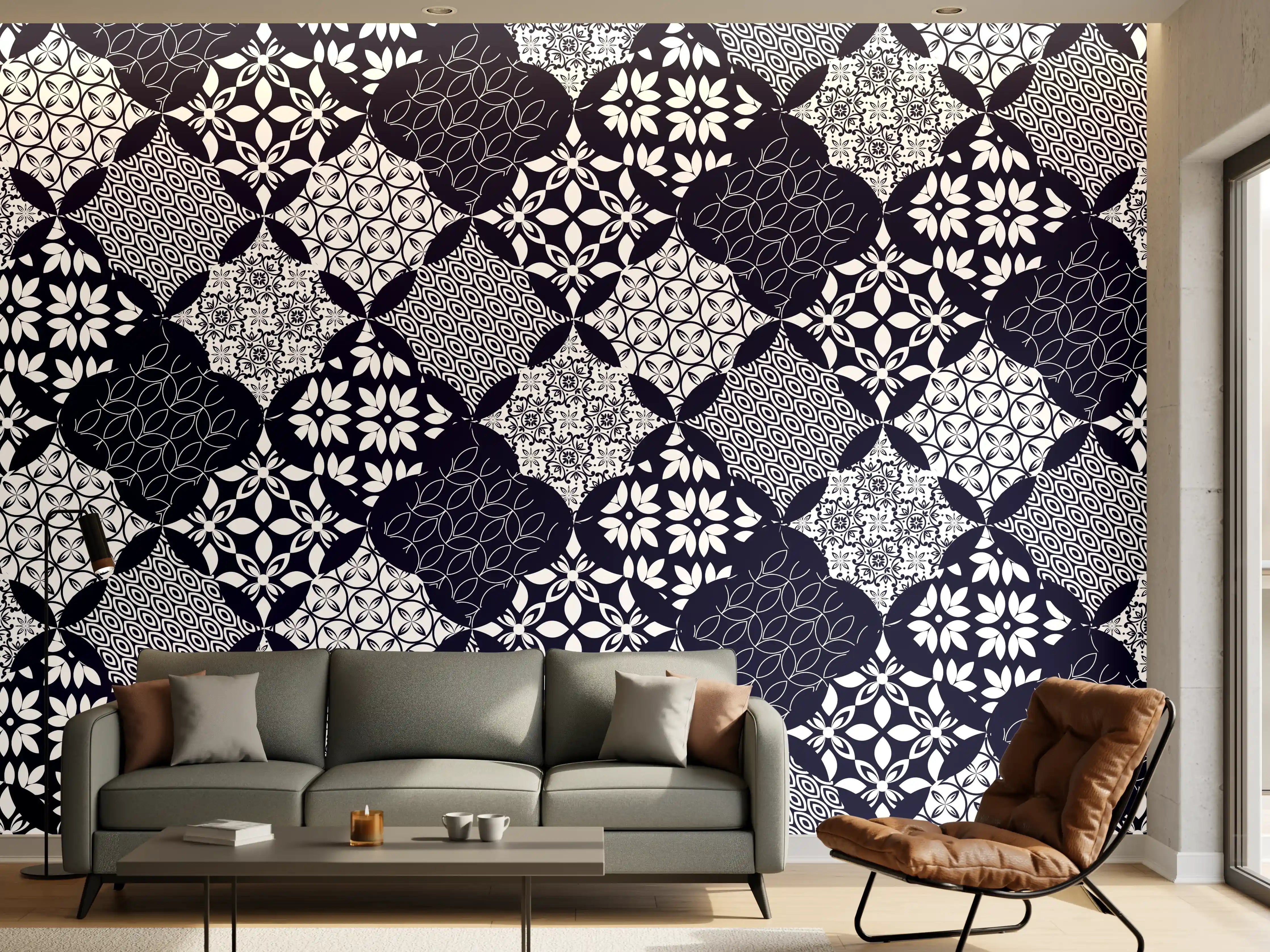 Wandverkleidung Wohnzimmer - Elegantes Blau-Weiß-Grau Muster