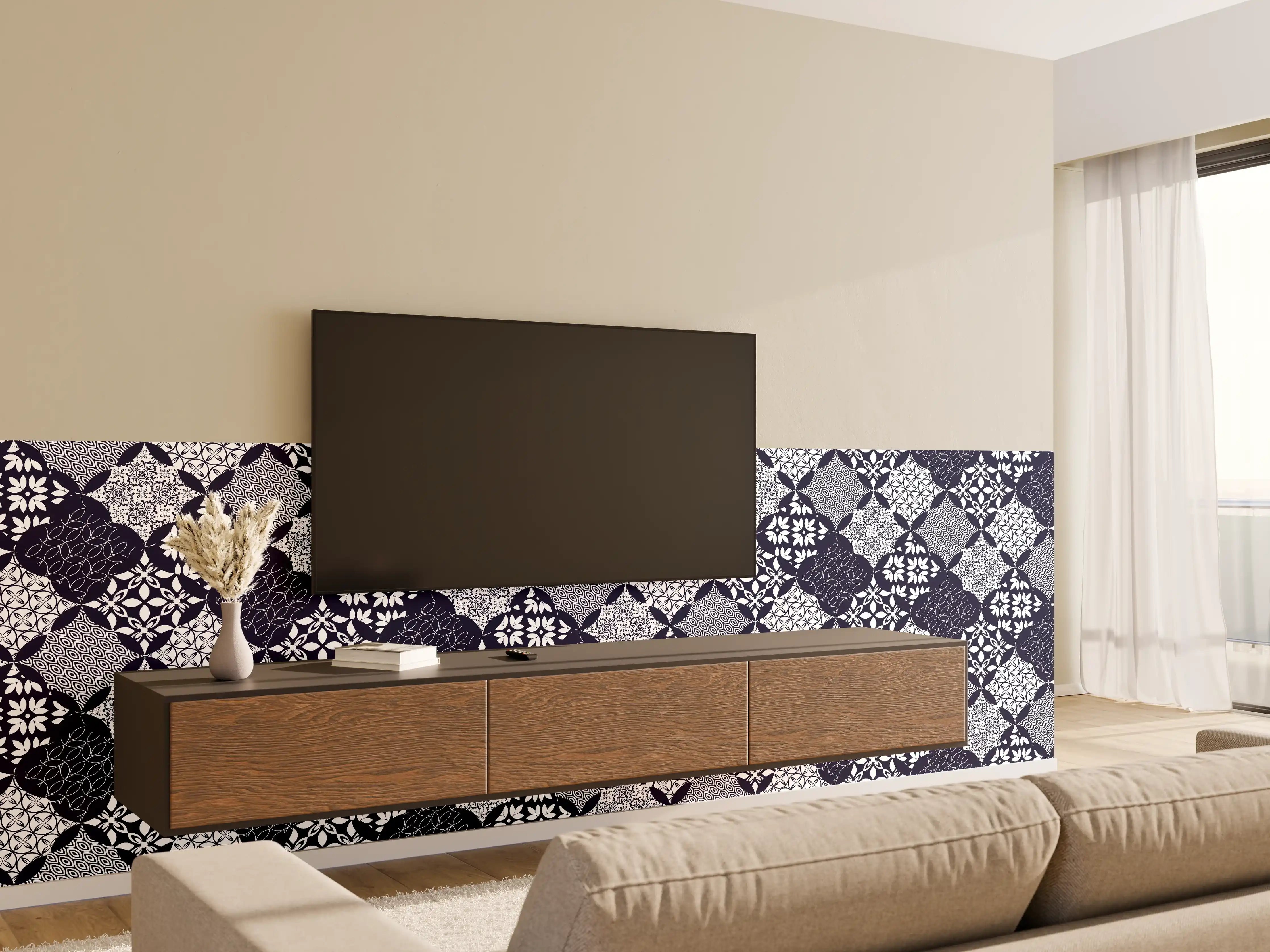 Wandverkleidung Wohnzimmer - Elegantes Blau-Weiß-Grau Muster