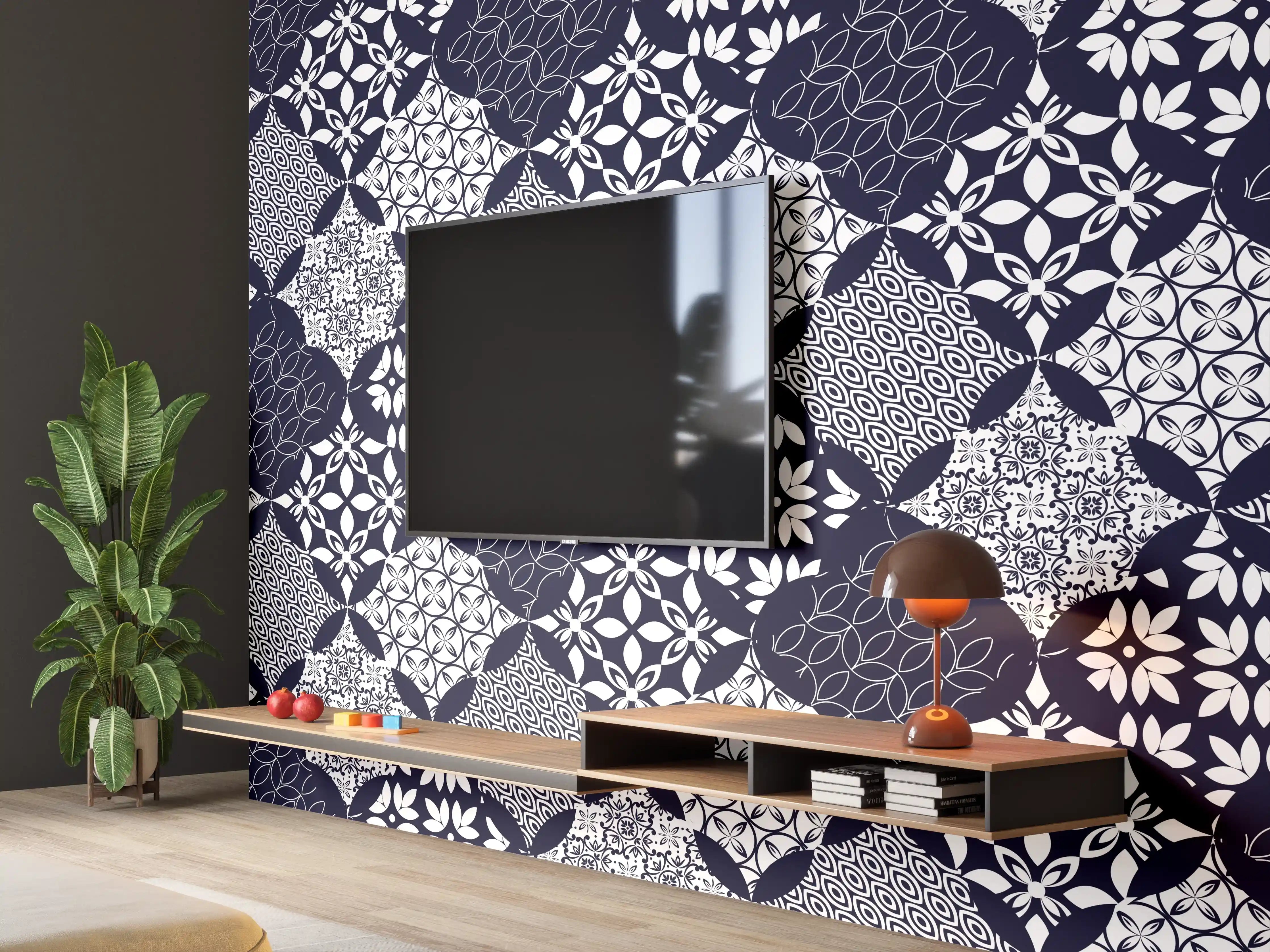 Wandverkleidung Wohnzimmer - Elegantes Blau-Weiß-Grau Muster