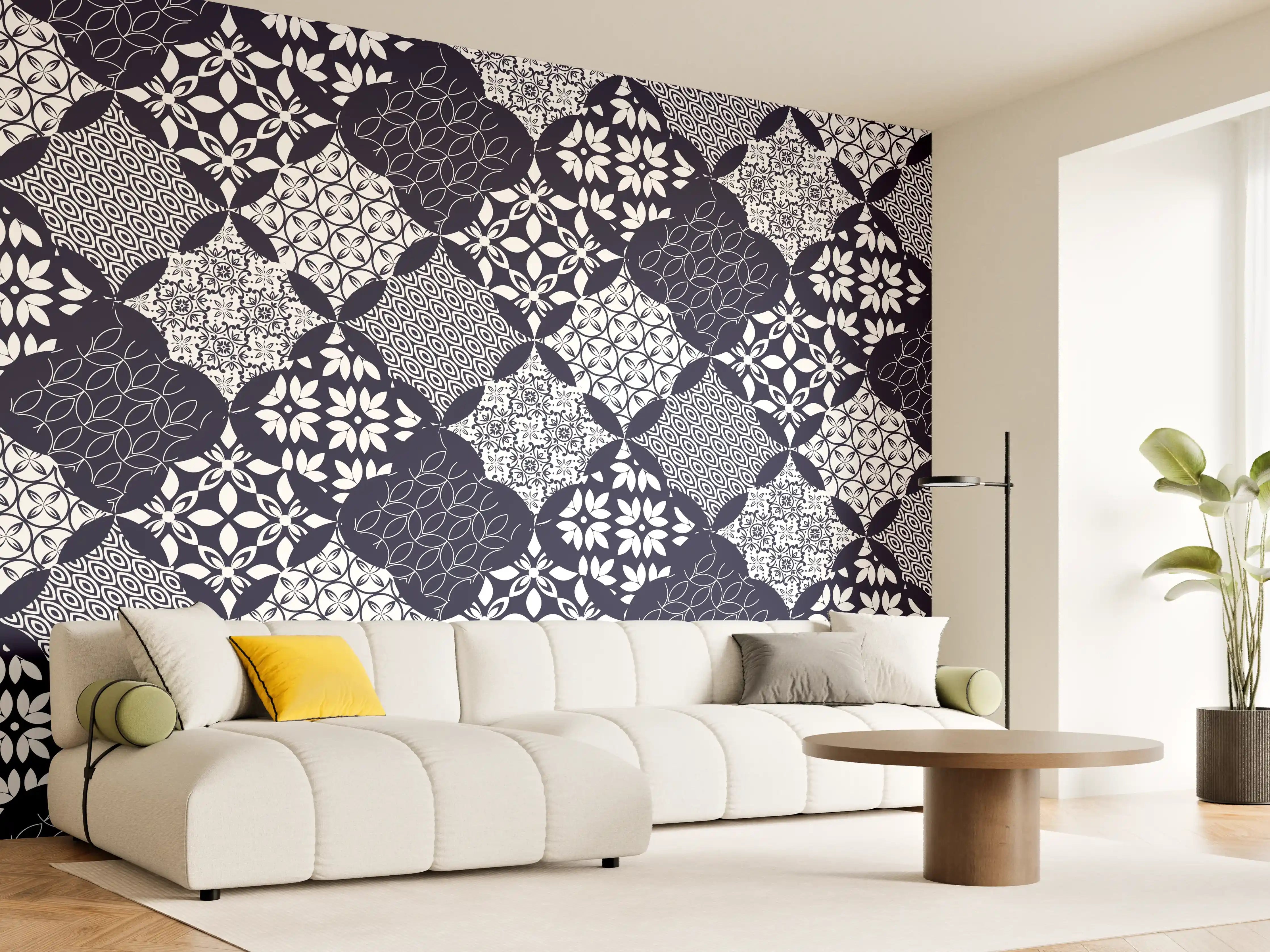 Wandverkleidung Wohnzimmer - Elegantes Blau-Weiß-Grau Muster