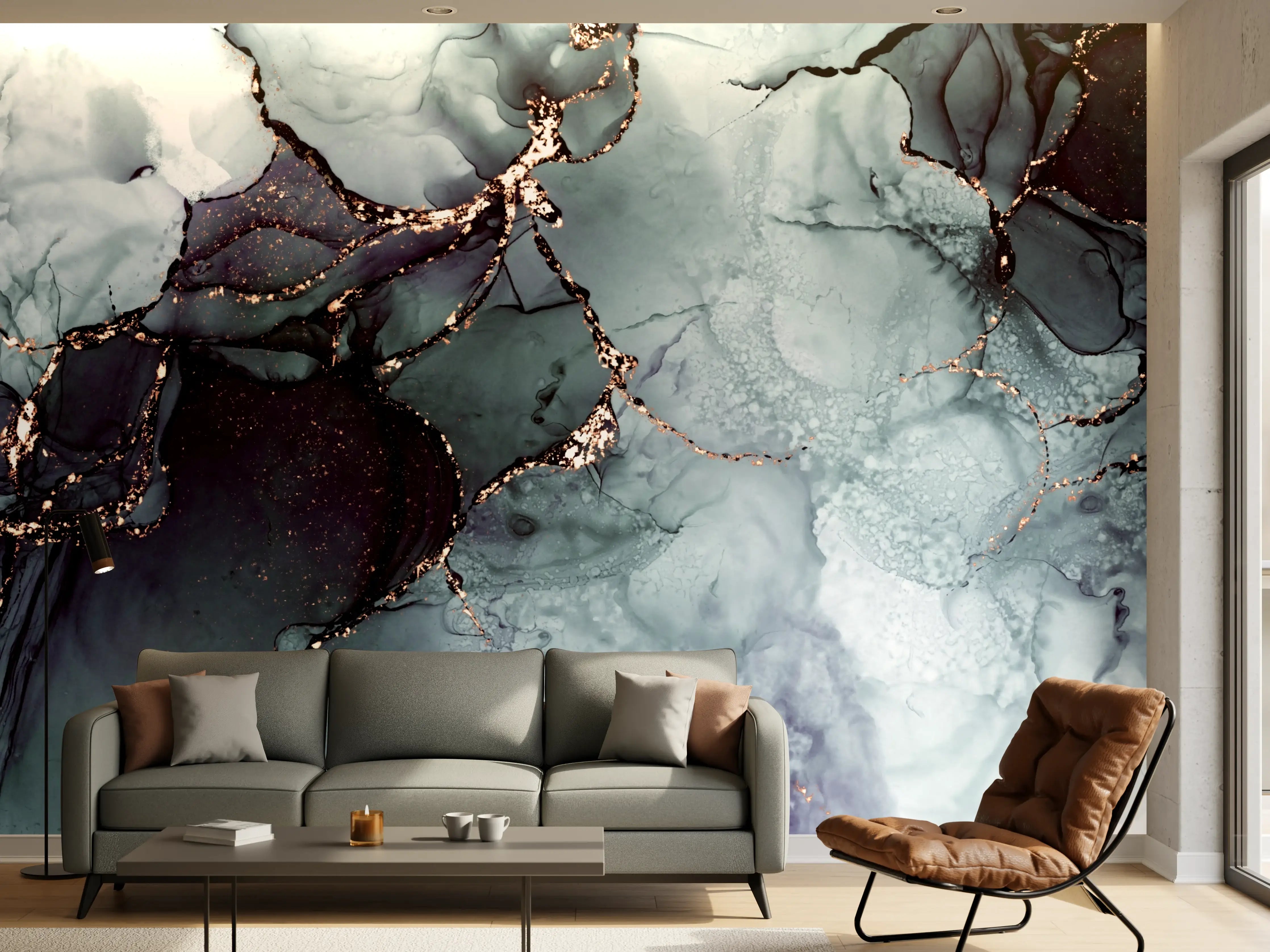 Wandverkleidung Wohnzimmer - Elegantes Blaugrau mit Goldakzenten