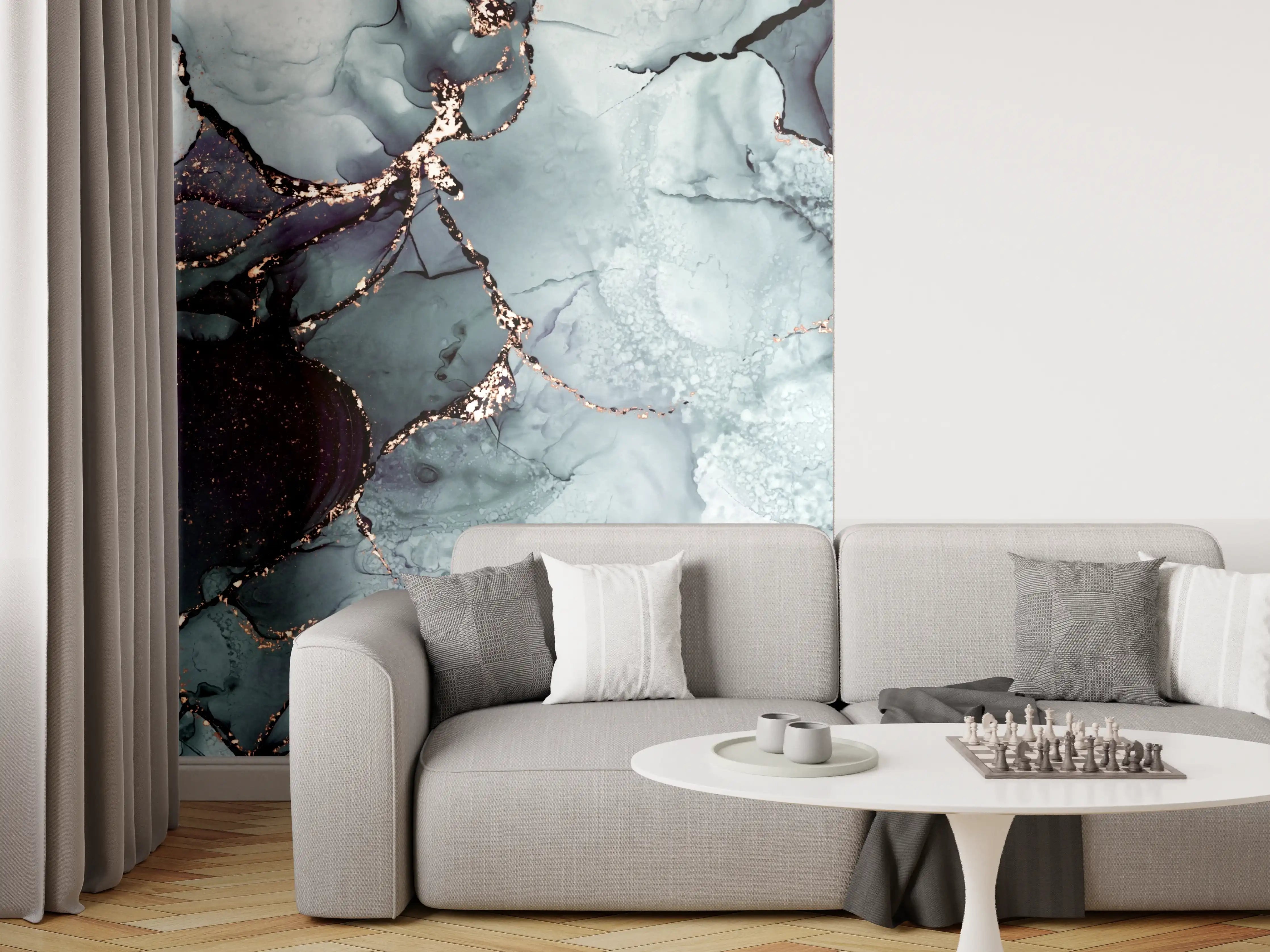 Wandverkleidung Wohnzimmer - Elegantes Blaugrau mit Goldakzenten