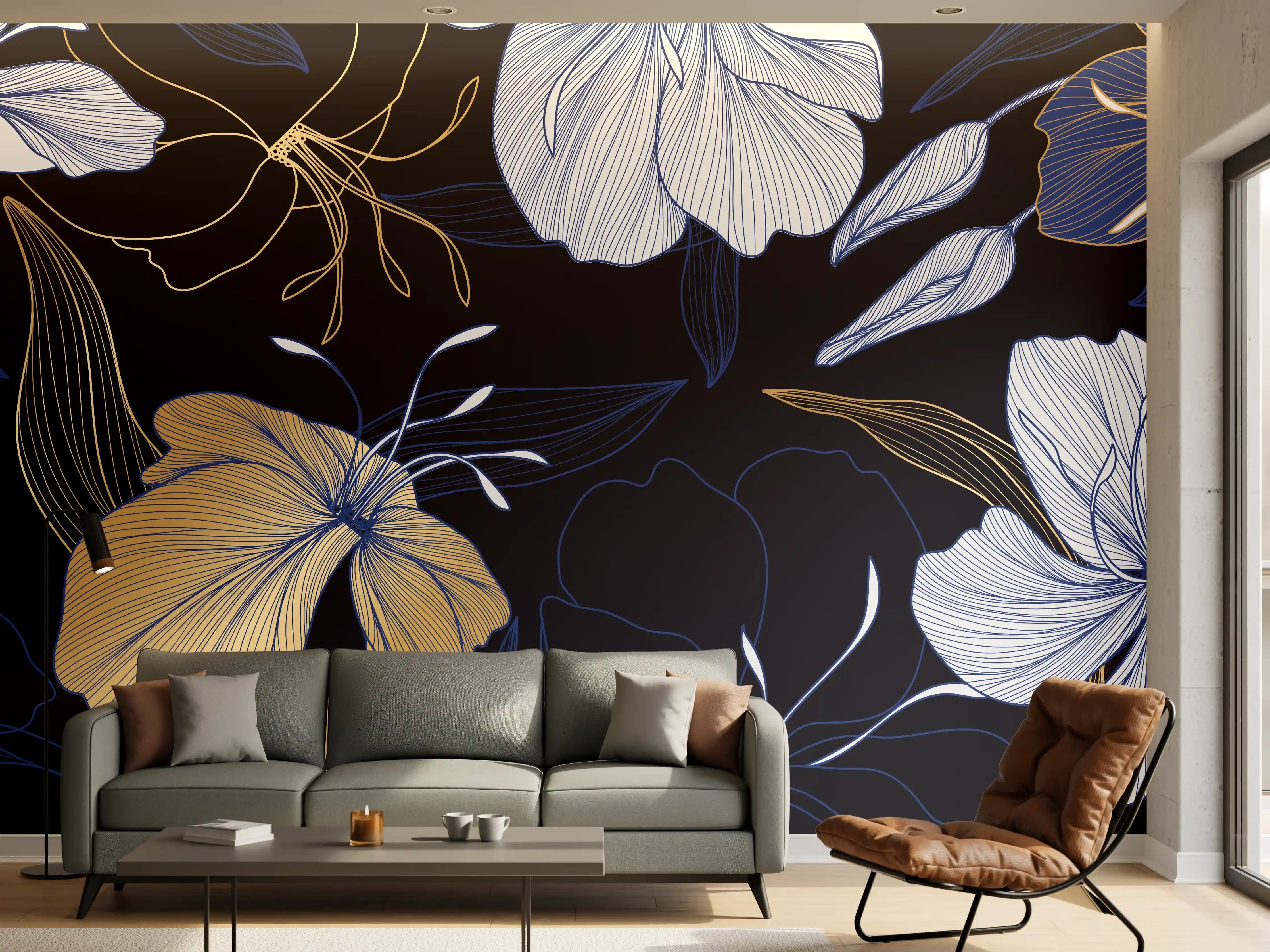 Wandverkleidung Wohnzimmer - Elegantes Blumen-Muster Dunkelblau