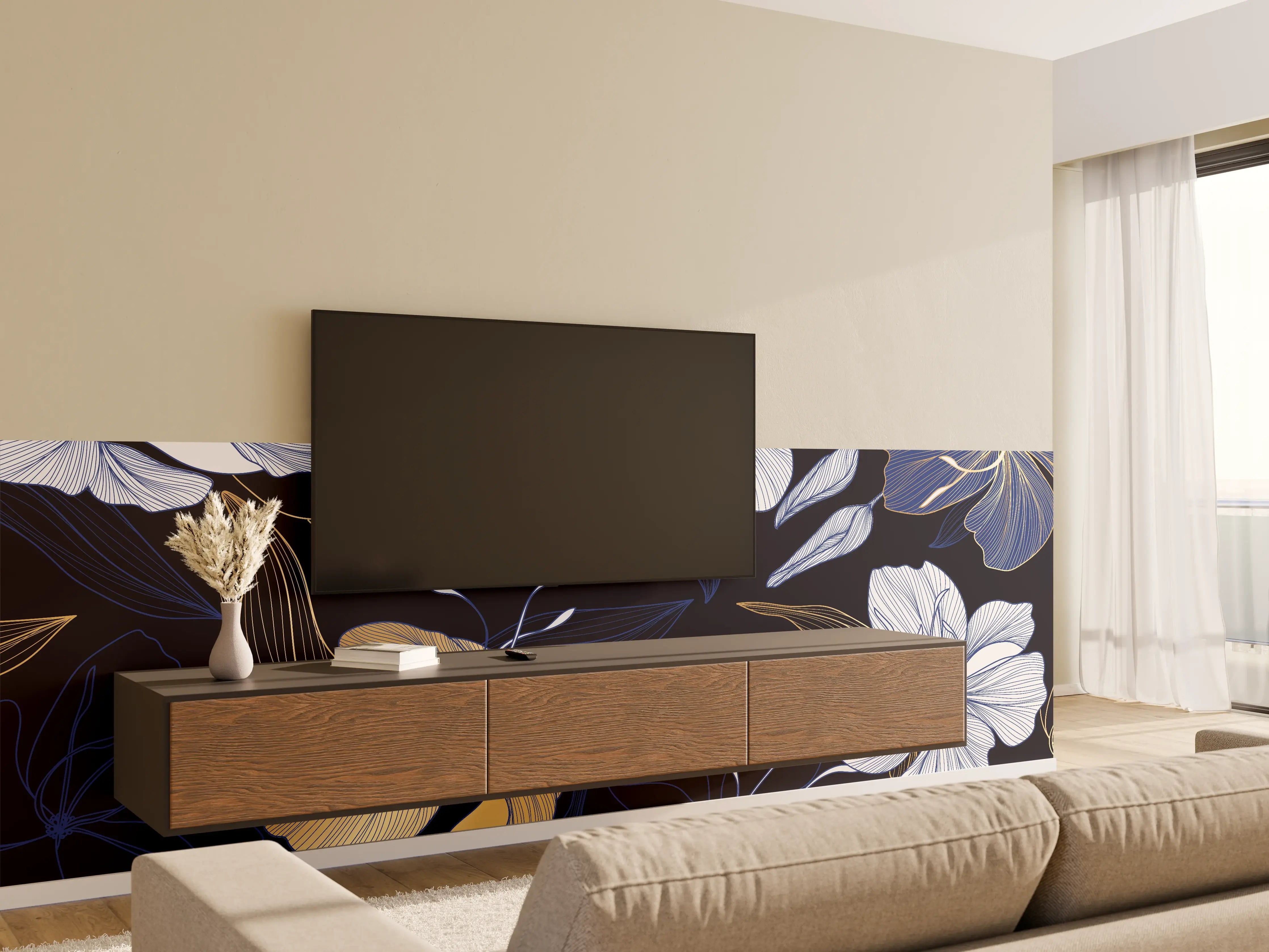 Wandverkleidung Wohnzimmer - Elegantes Blumen-Muster Dunkelblau