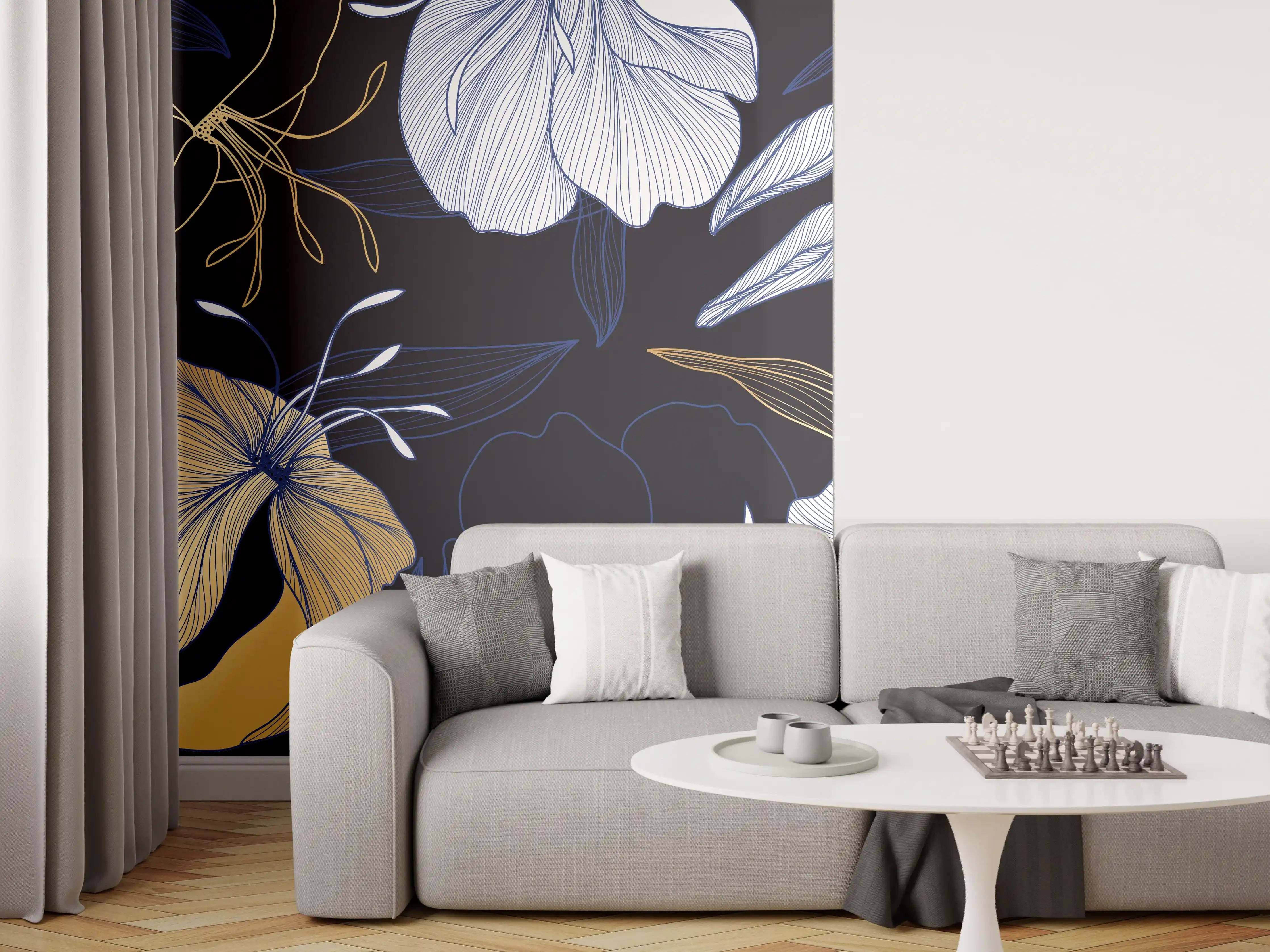 Wandverkleidung Wohnzimmer - Elegantes Blumen-Muster Dunkelblau
