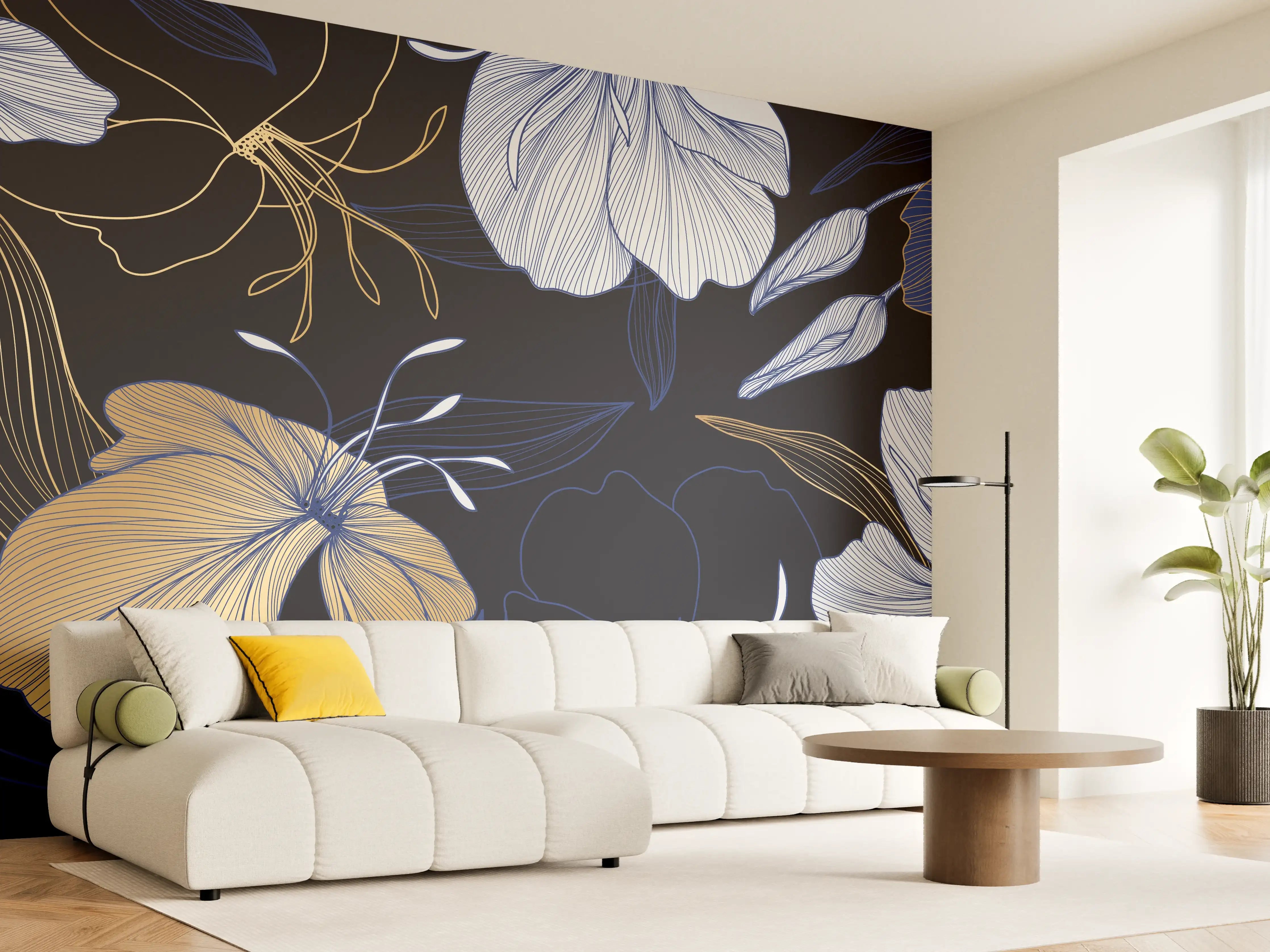 Wandverkleidung Wohnzimmer - Elegantes Blumen-Muster Dunkelblau