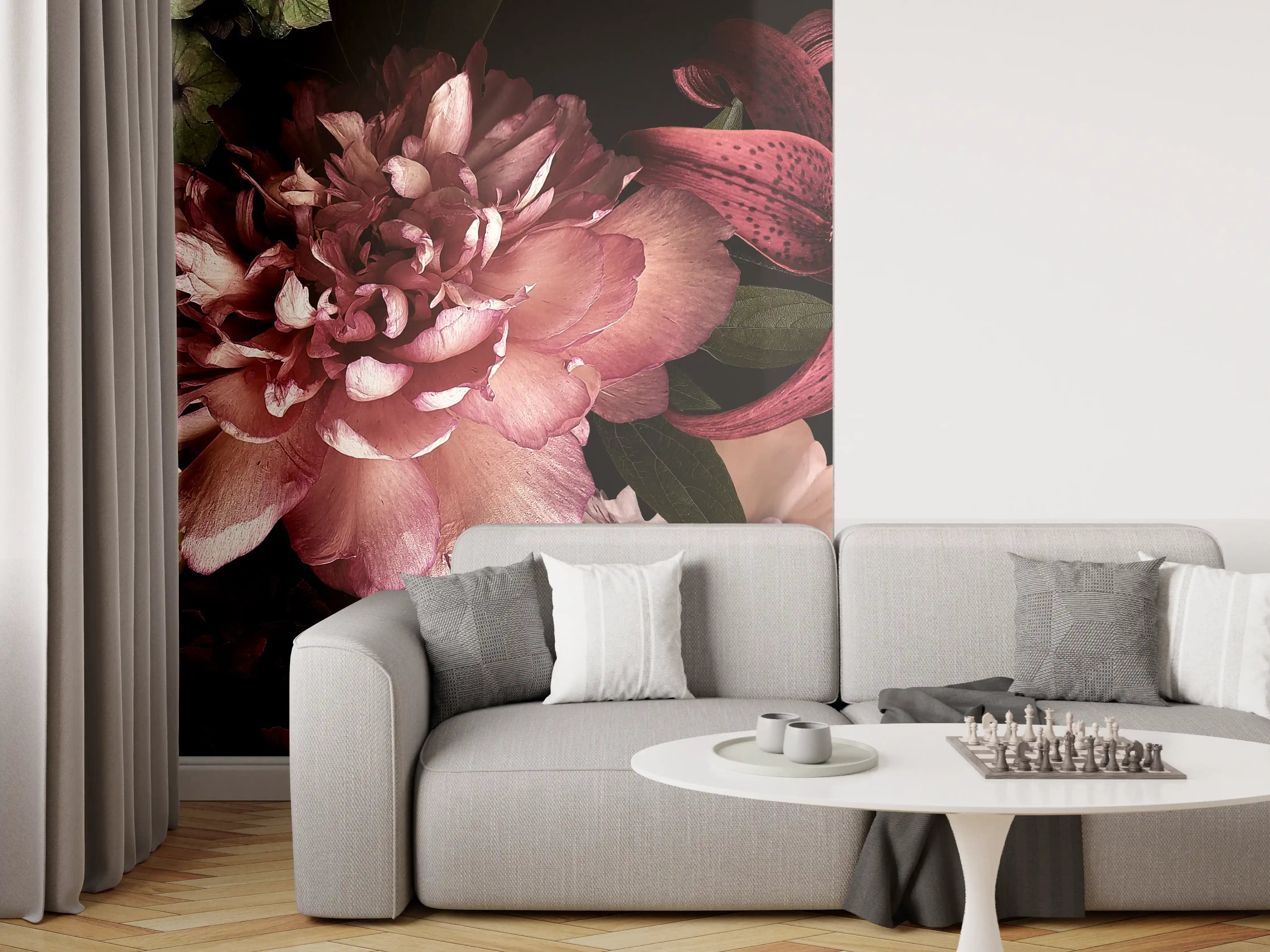 Wandverkleidung Wohnzimmer - Elegantes Blumenarrangement in dunklem Hintergrund