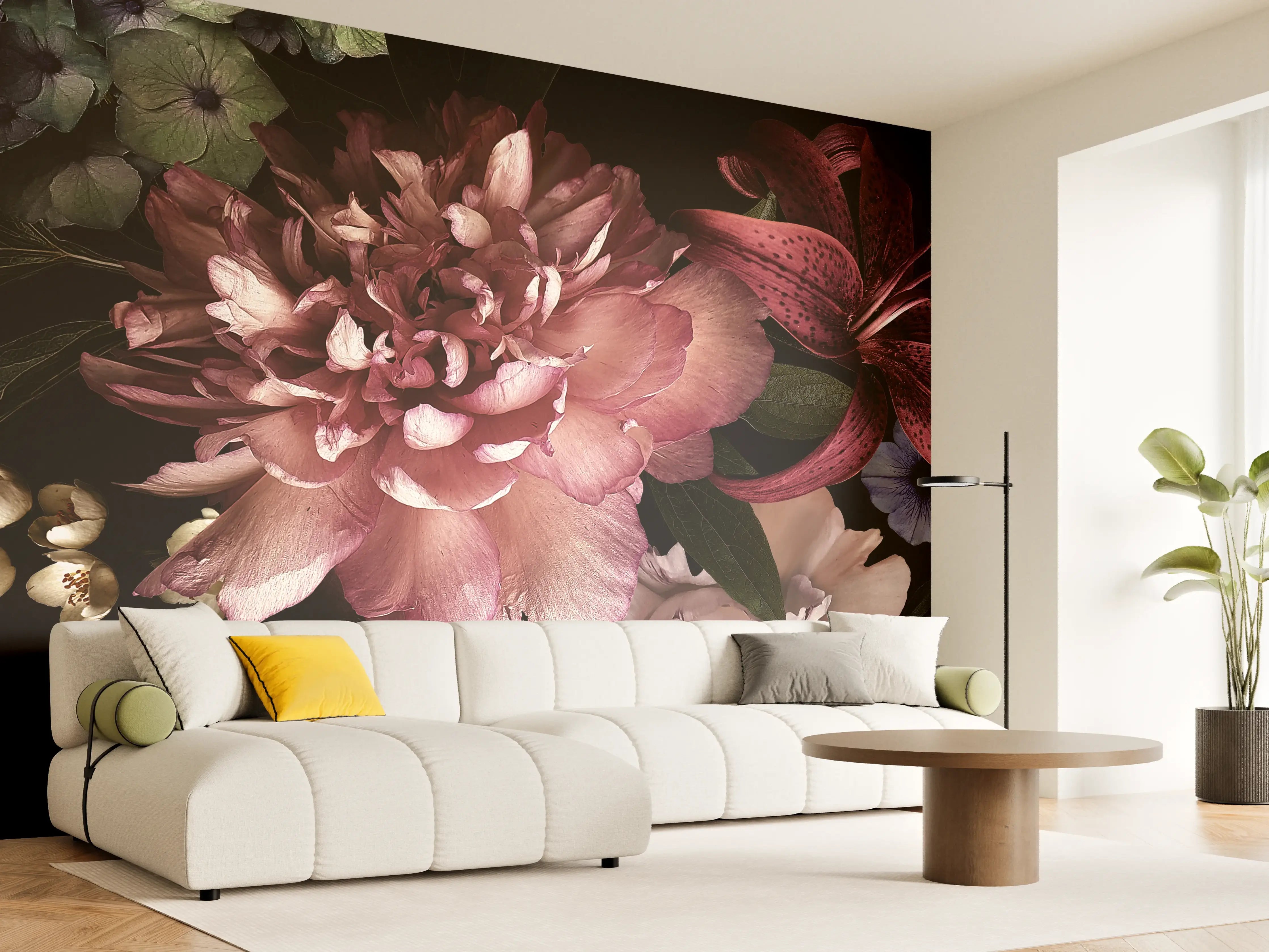 Wandverkleidung Wohnzimmer - Elegantes Blumenarrangement in dunklem Hintergrund