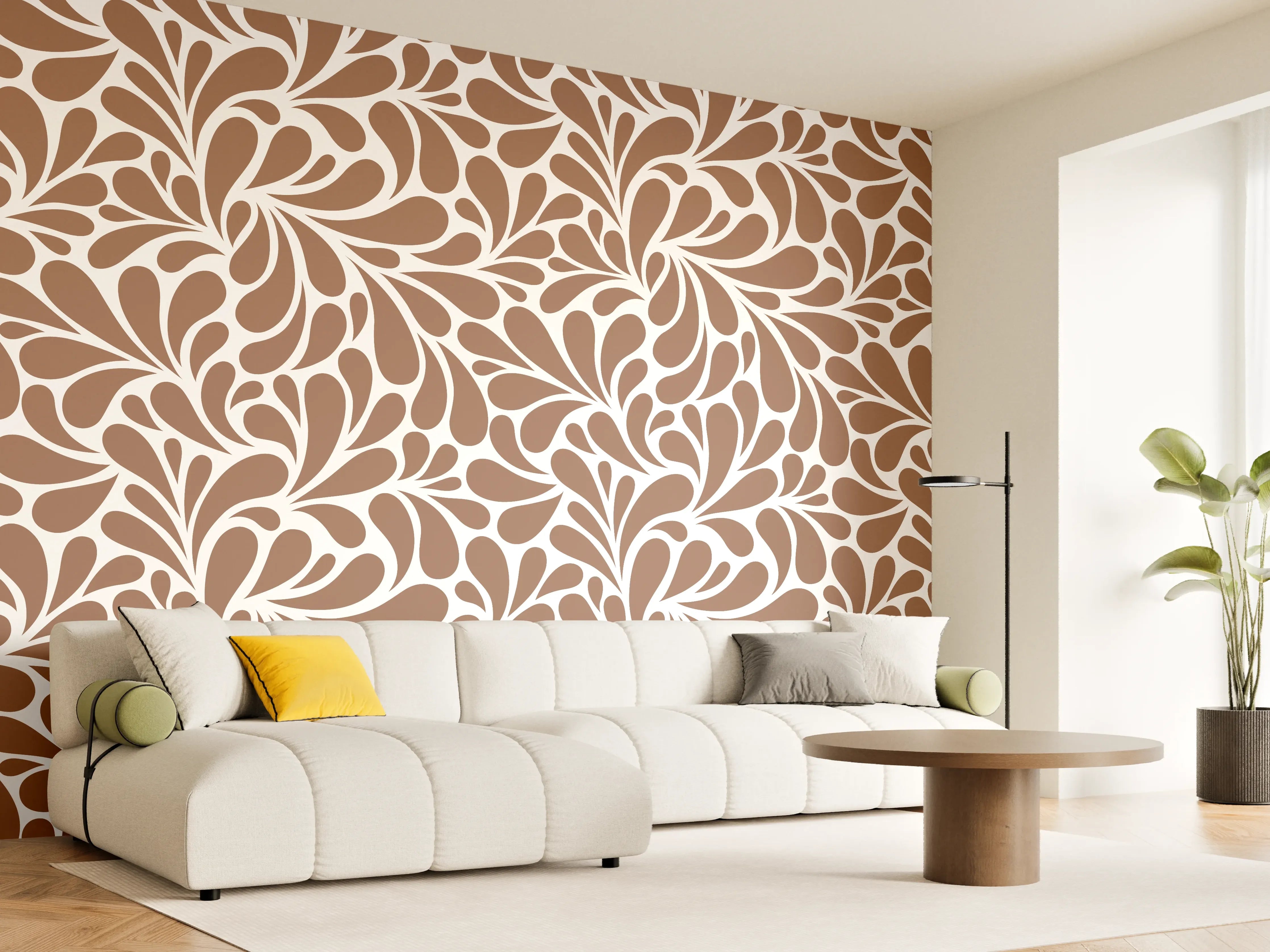 Wandverkleidung Wohnzimmer - Elegantes Blumendesign in Braun und Beige