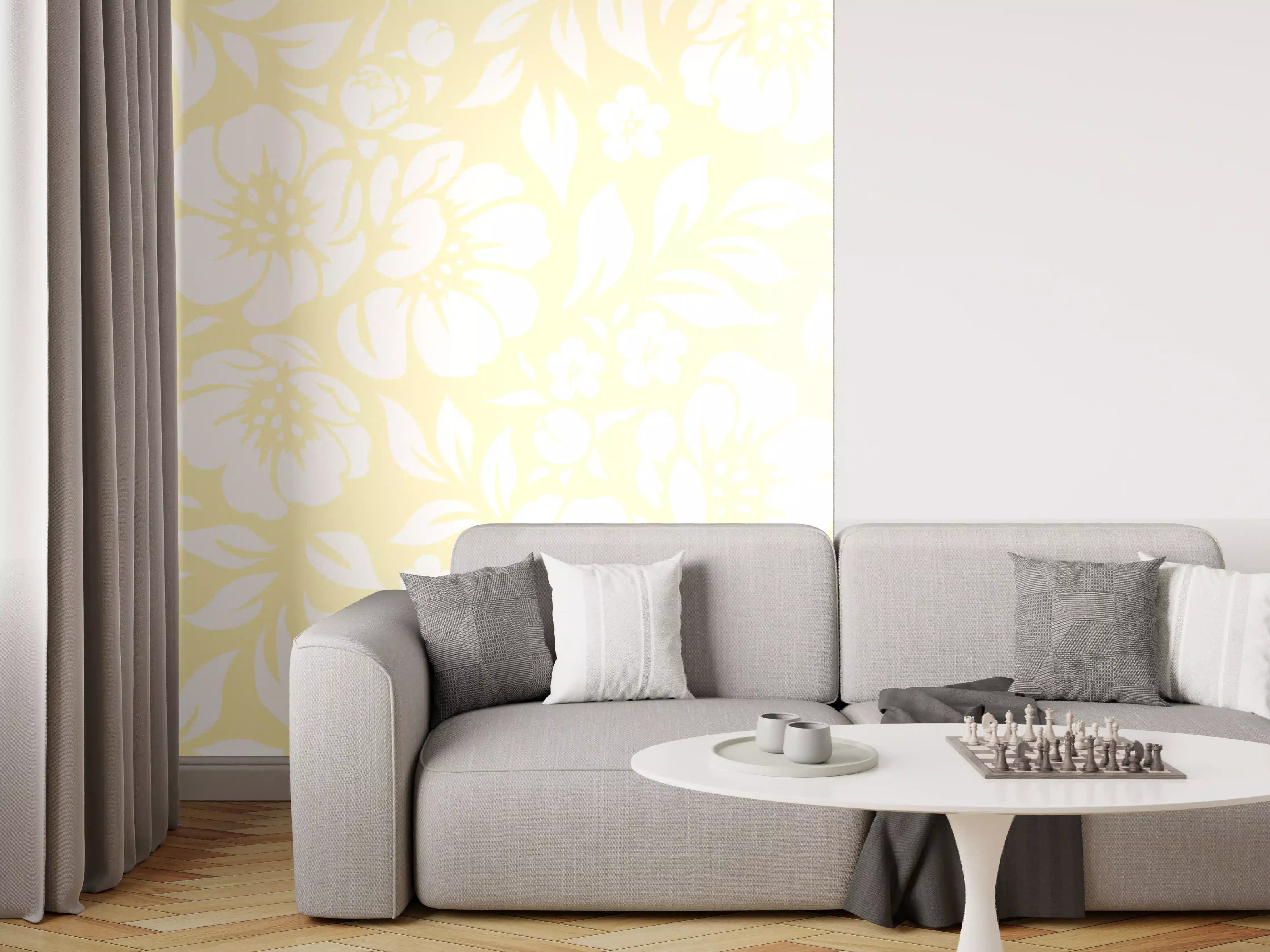 Wandverkleidung Wohnzimmer - Elegantes Blumendesign in Pastellfarben