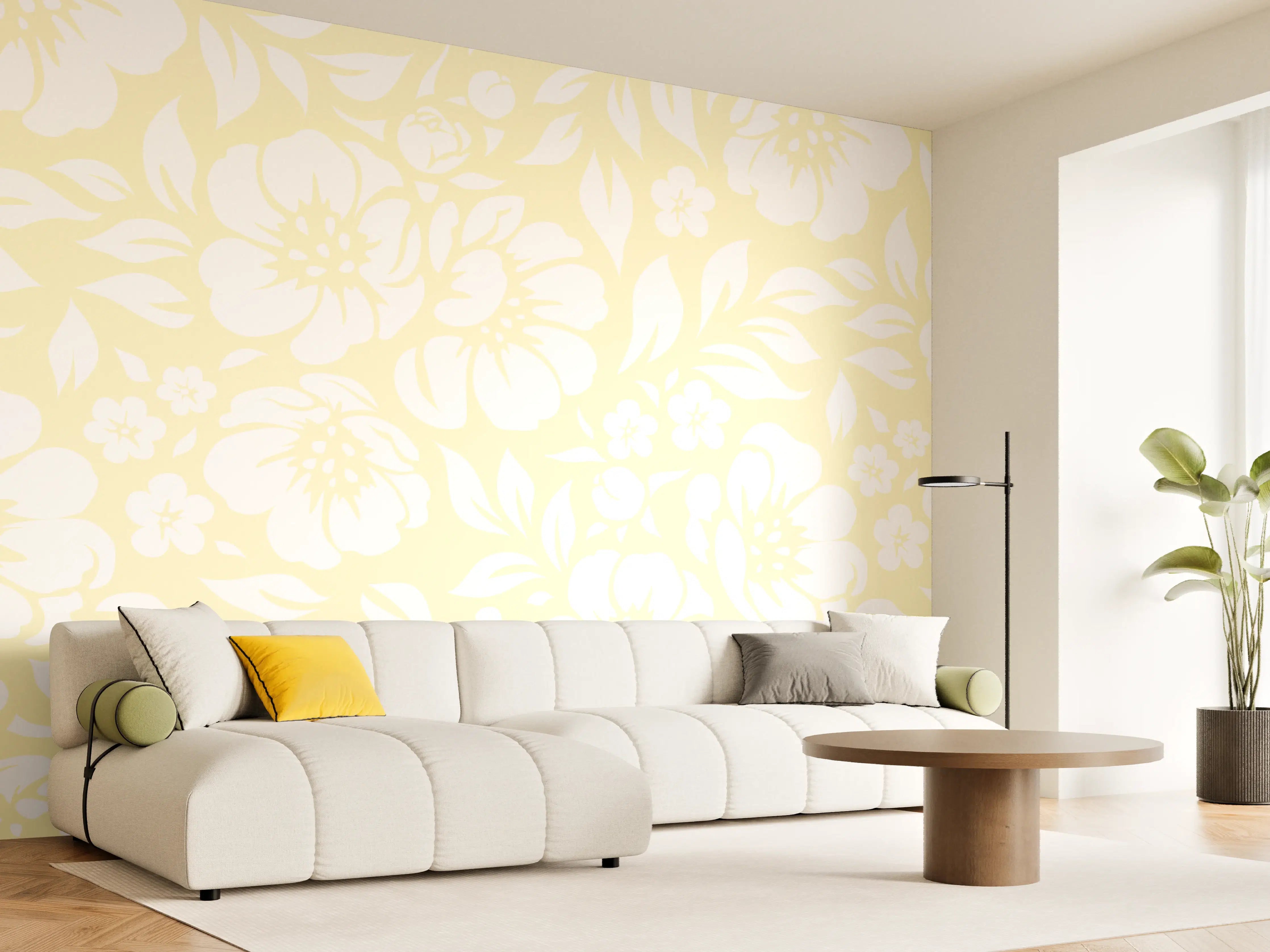 Wandverkleidung Wohnzimmer - Elegantes Blumendesign in Pastellfarben