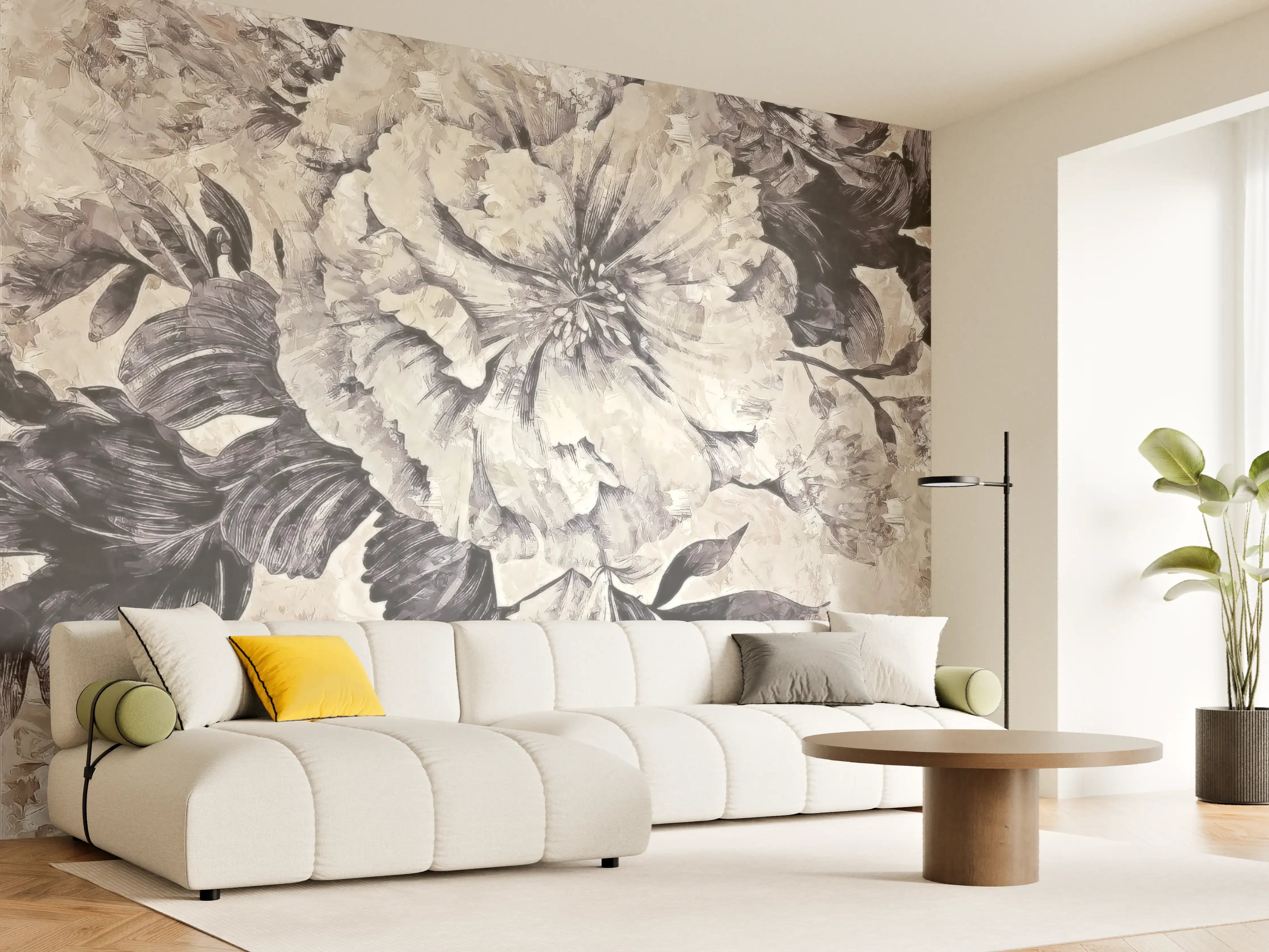 Wandverkleidung Wohnzimmer - Elegantes Blumenmuster in Grautönen