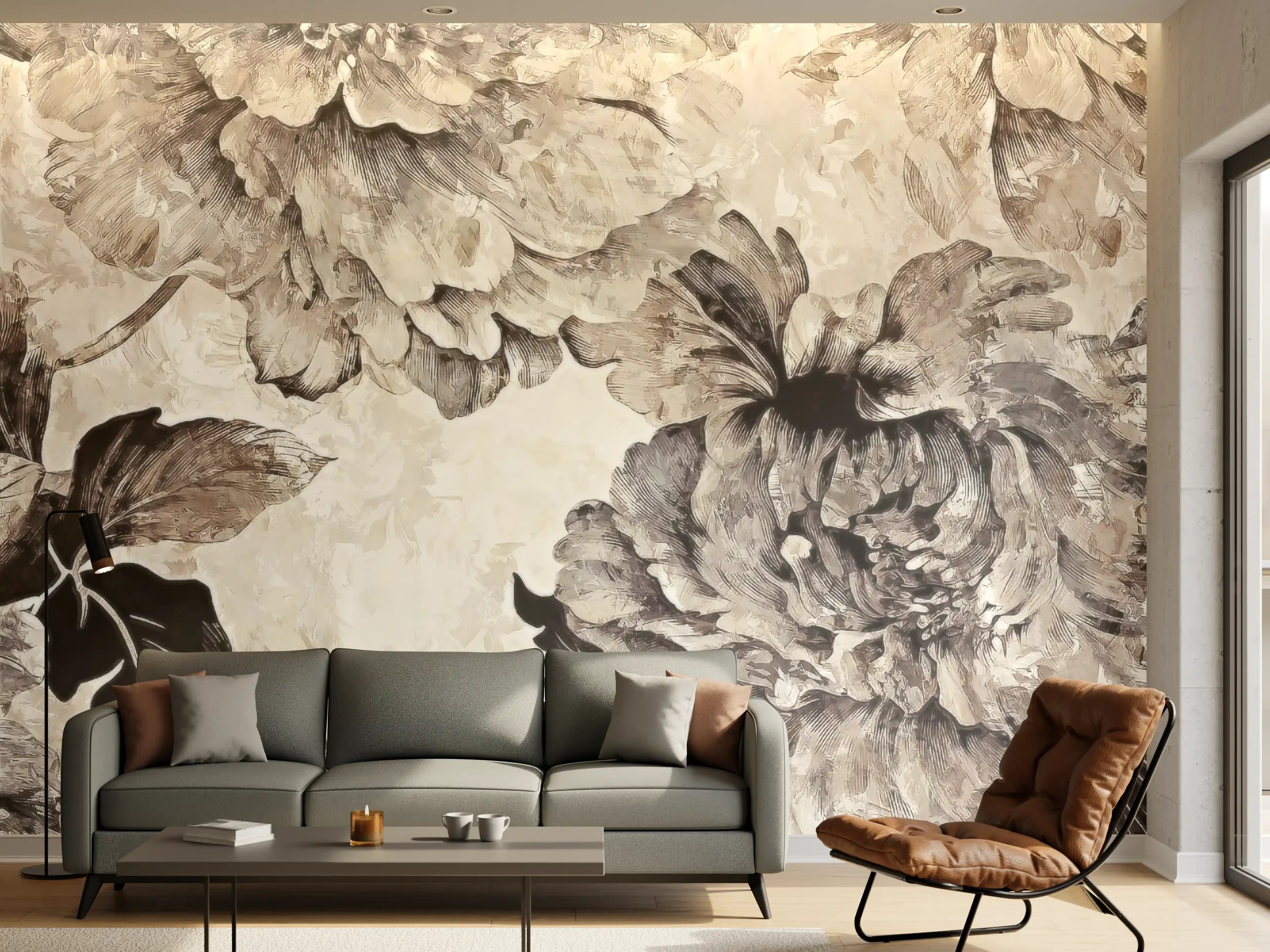 Wandverkleidung Wohnzimmer - Elegantes Blumenmuster in neutralen Tönen