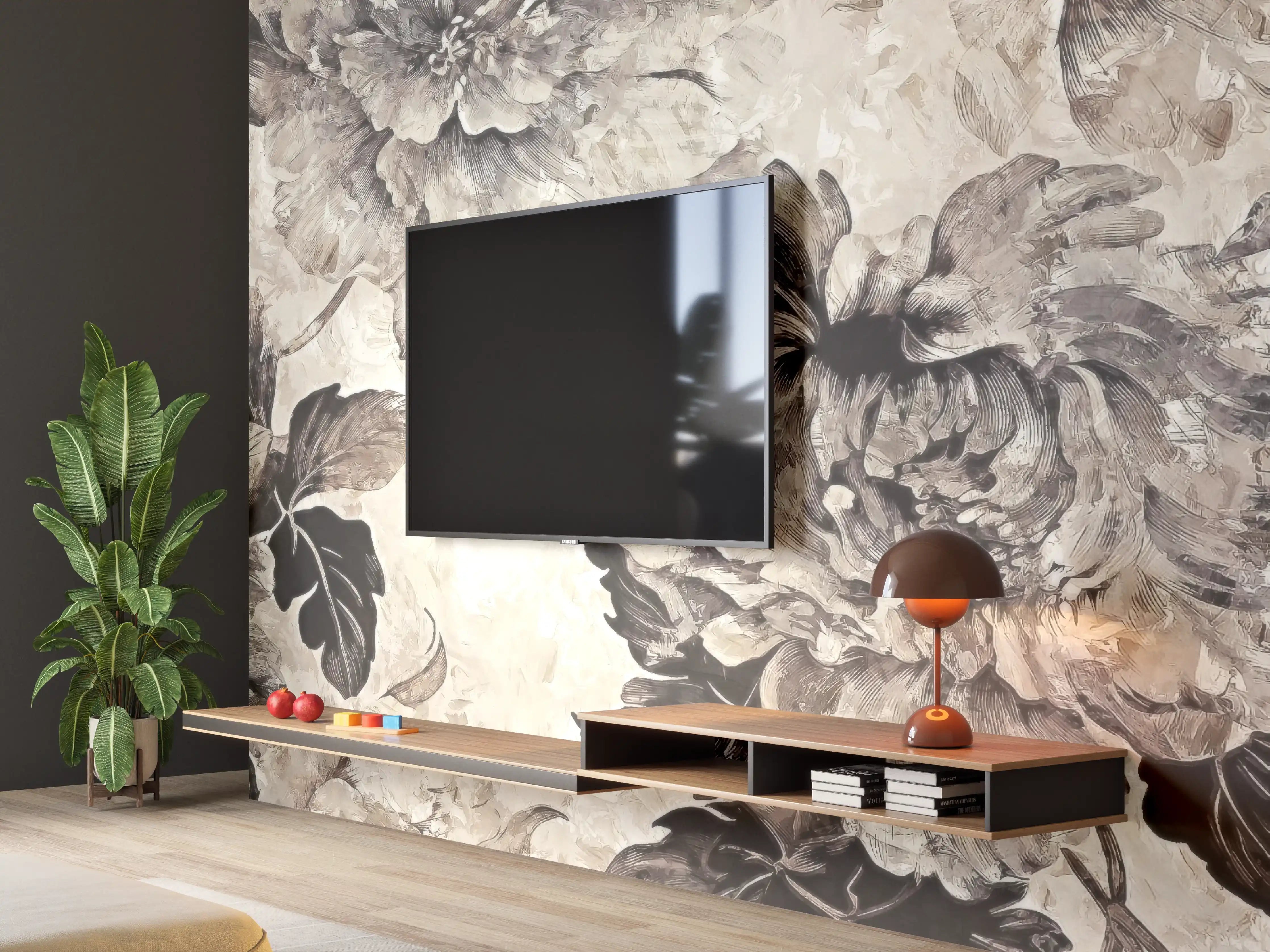 Wandverkleidung Wohnzimmer - Elegantes Blumenmuster in neutralen Tönen