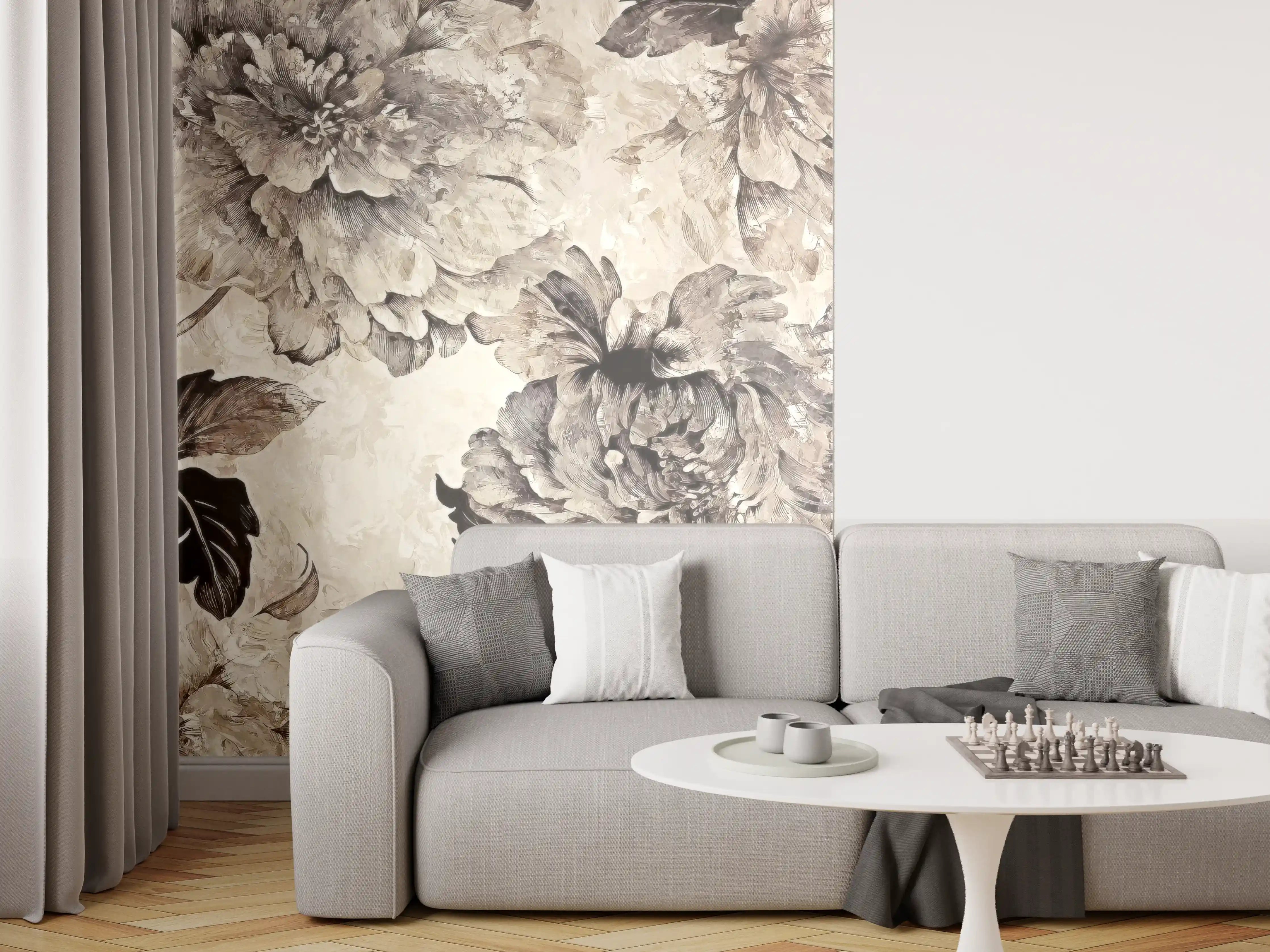 Wandverkleidung Wohnzimmer - Elegantes Blumenmuster in neutralen Tönen