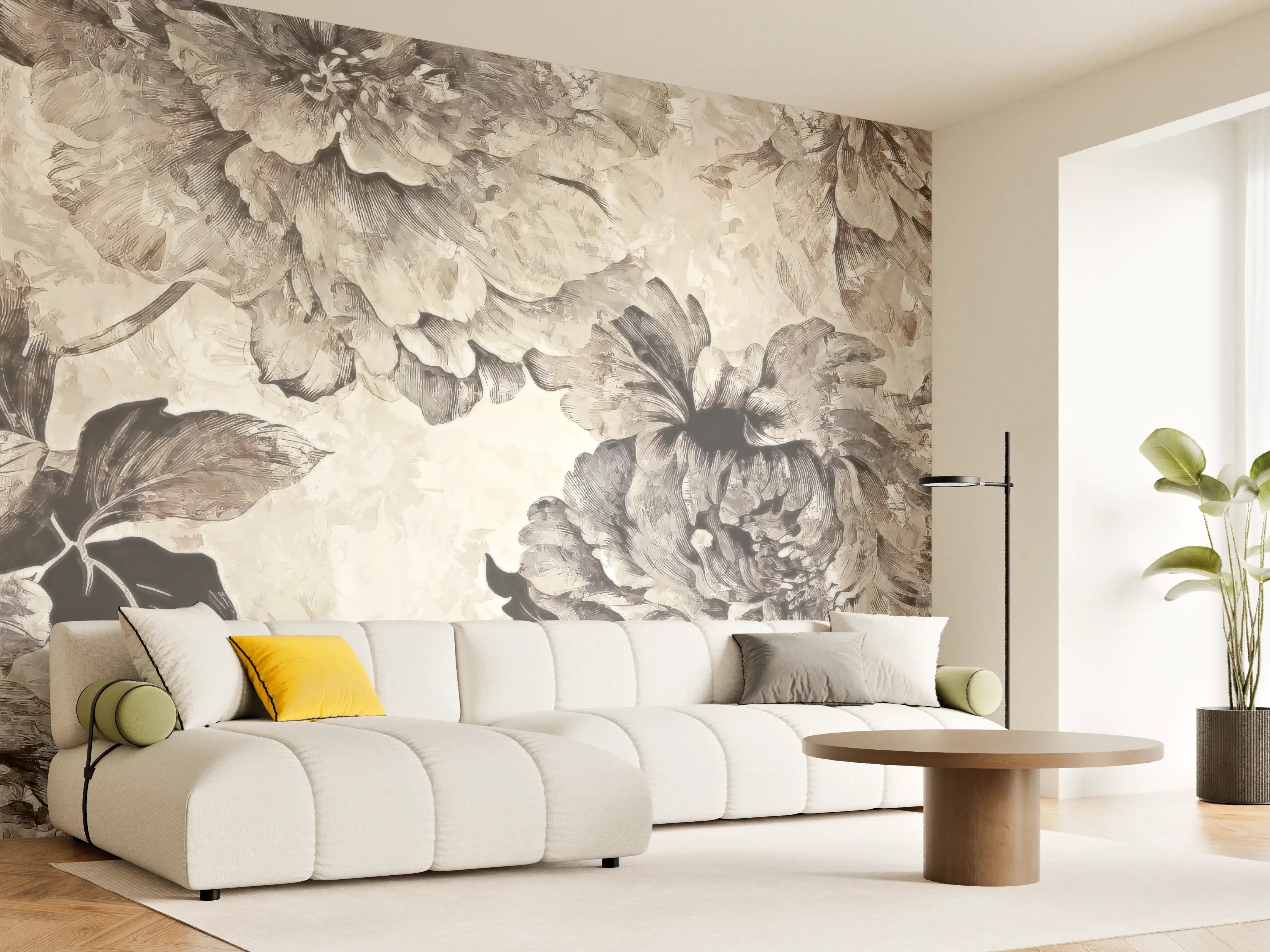 Wandverkleidung Wohnzimmer - Elegantes Blumenmuster in neutralen Tönen