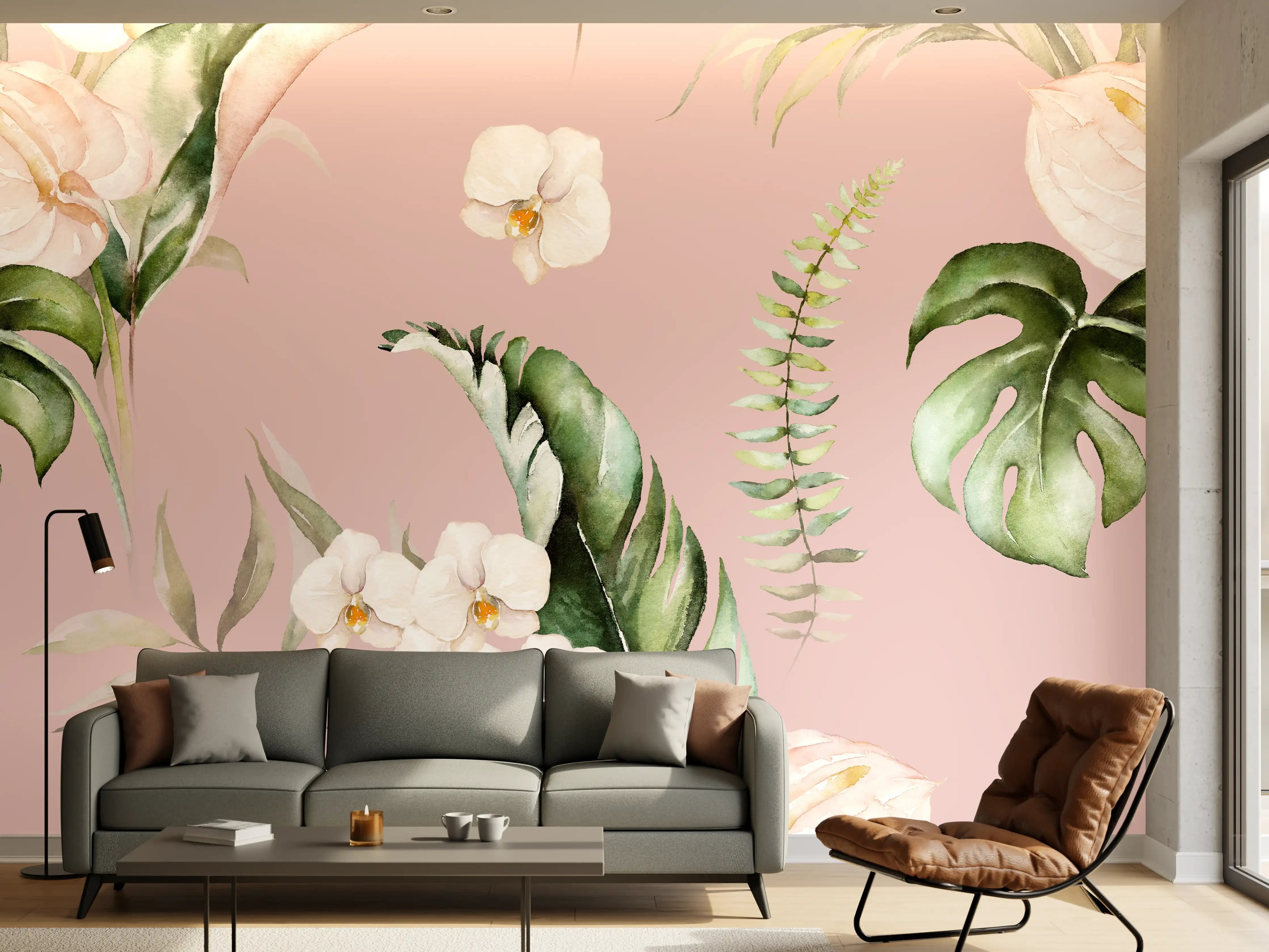 Wandverkleidung Wohnzimmer - Elegantes Blumenmuster mit Orchideen und Monstera auf Pastellrosa