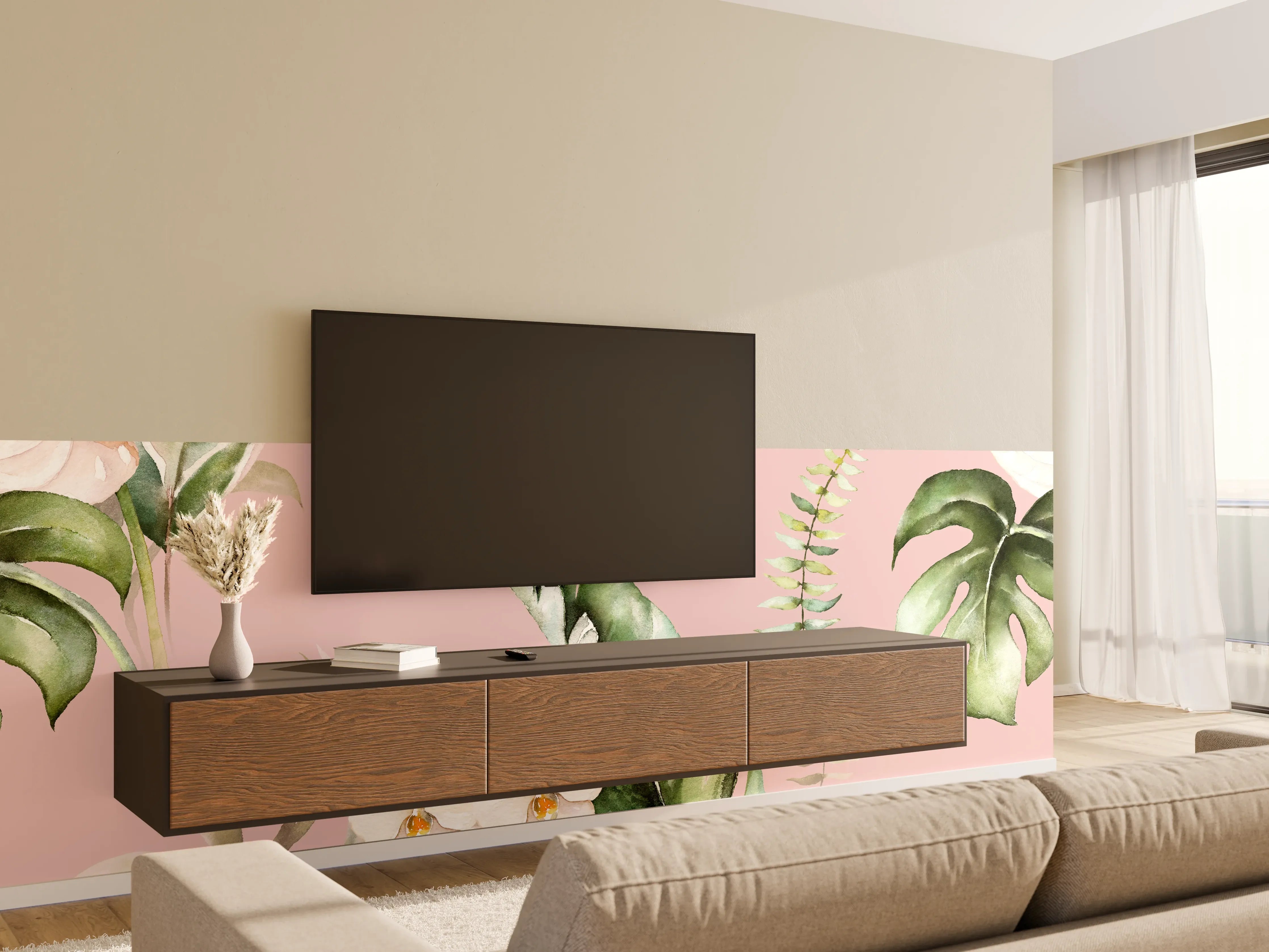 Wandverkleidung Wohnzimmer - Elegantes Blumenmuster mit Orchideen und Monstera auf Pastellrosa