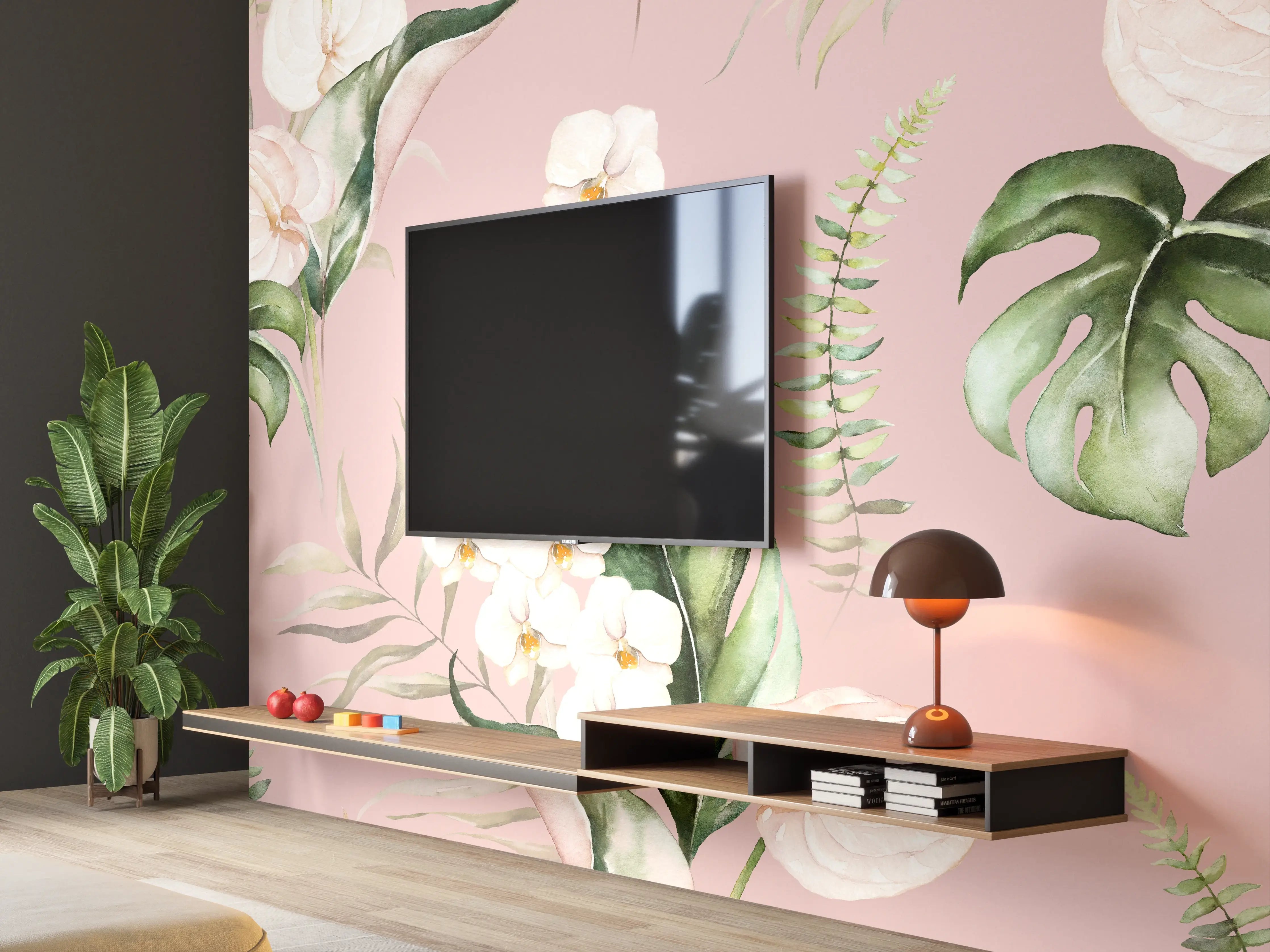 Wandverkleidung Wohnzimmer - Elegantes Blumenmuster mit Orchideen und Monstera auf Pastellrosa