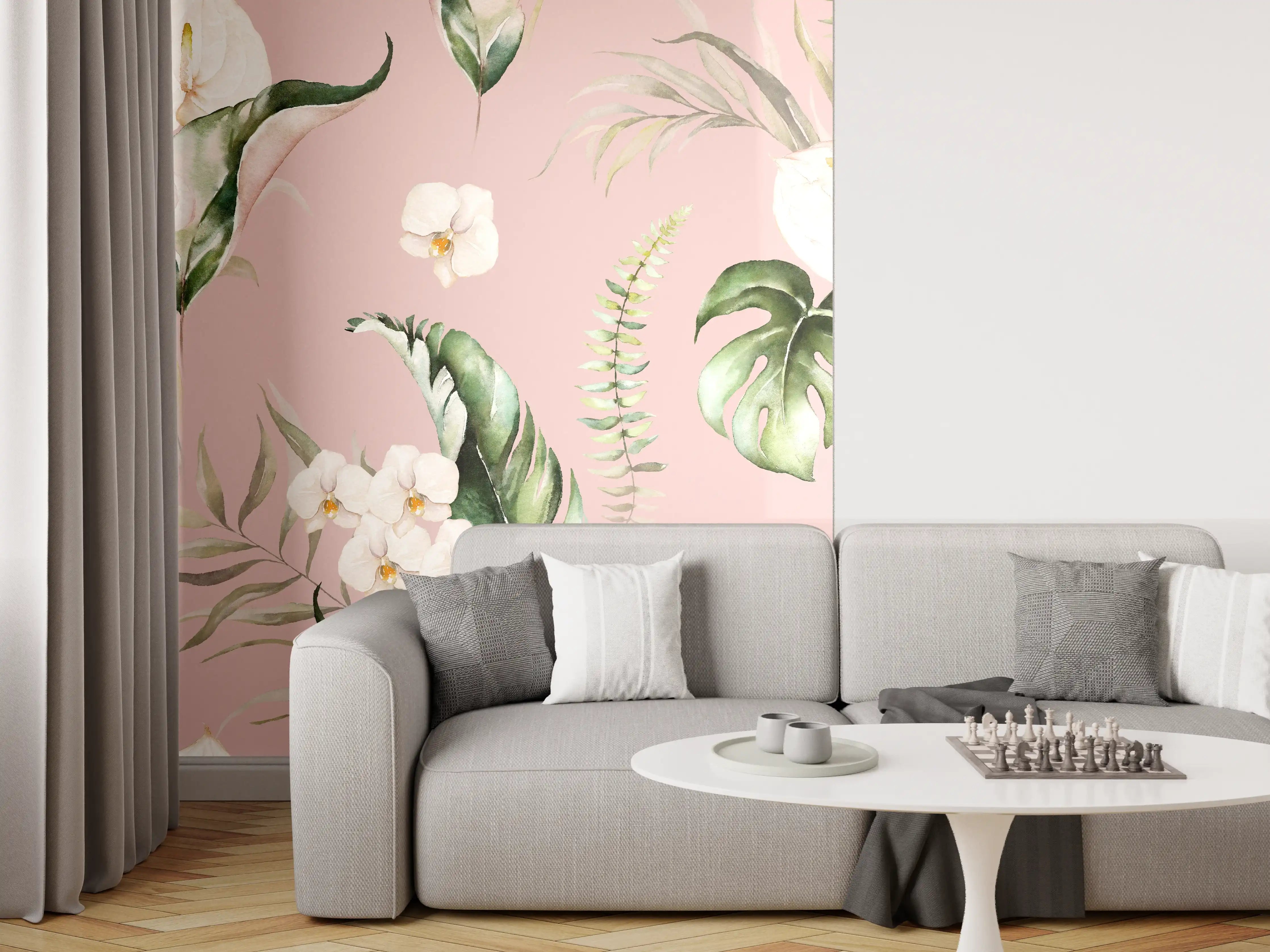 Wandverkleidung Wohnzimmer - Elegantes Blumenmuster mit Orchideen und Monstera auf Pastellrosa