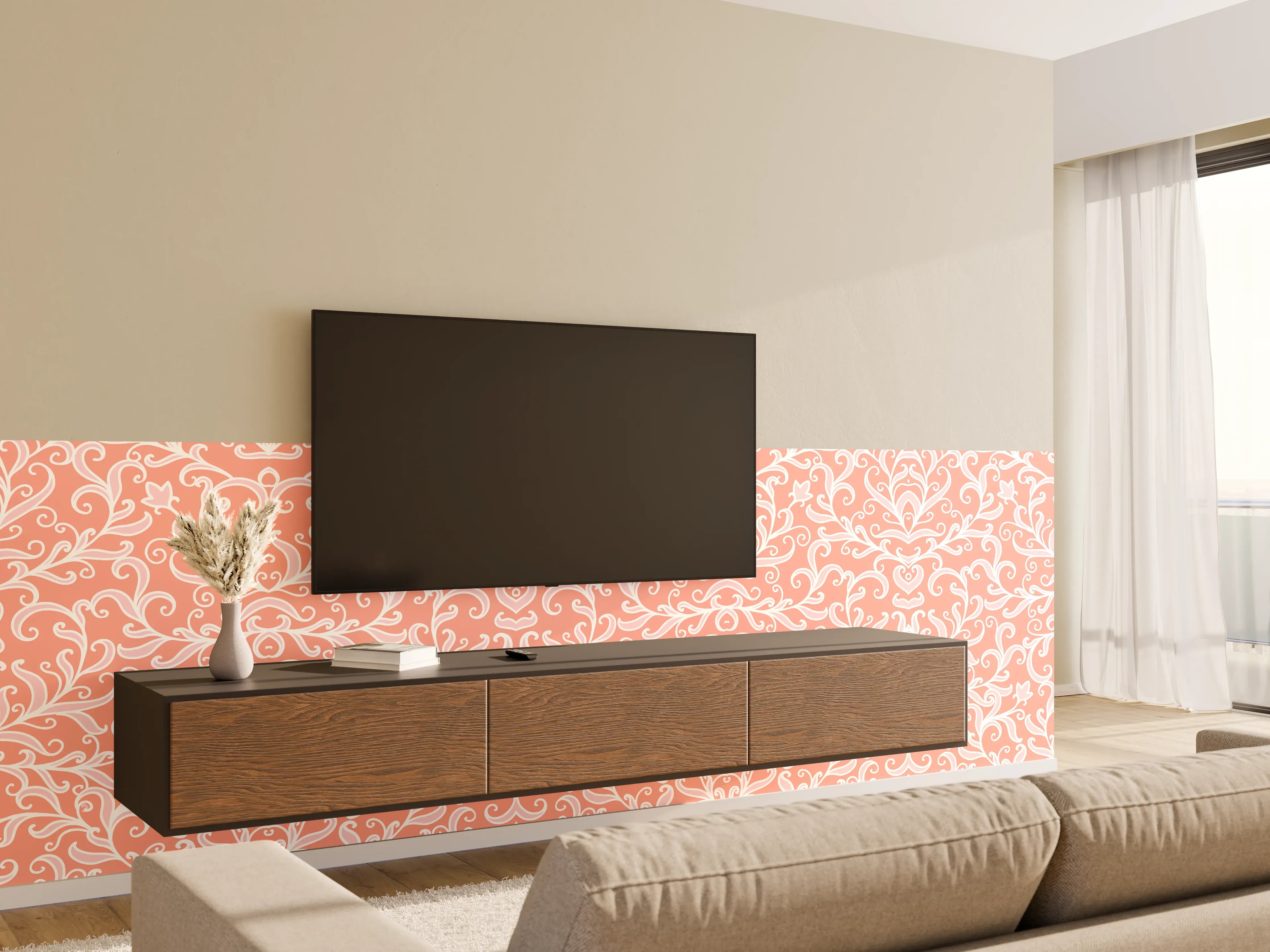Wandverkleidung Wohnzimmer - Elegantes Damastmuster in Pfirsichtönen