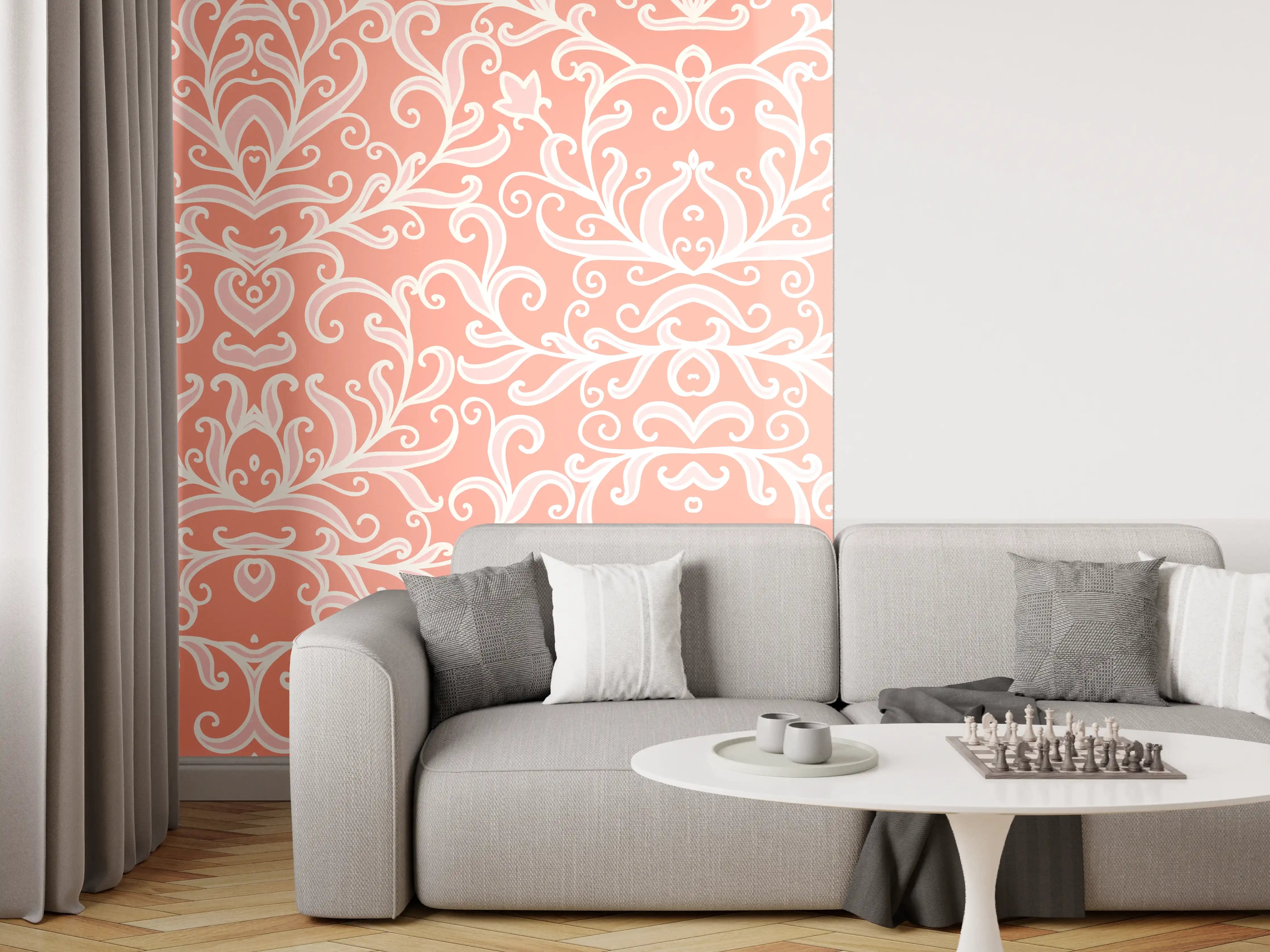 Wandverkleidung Wohnzimmer - Elegantes Damastmuster in Pfirsichtönen