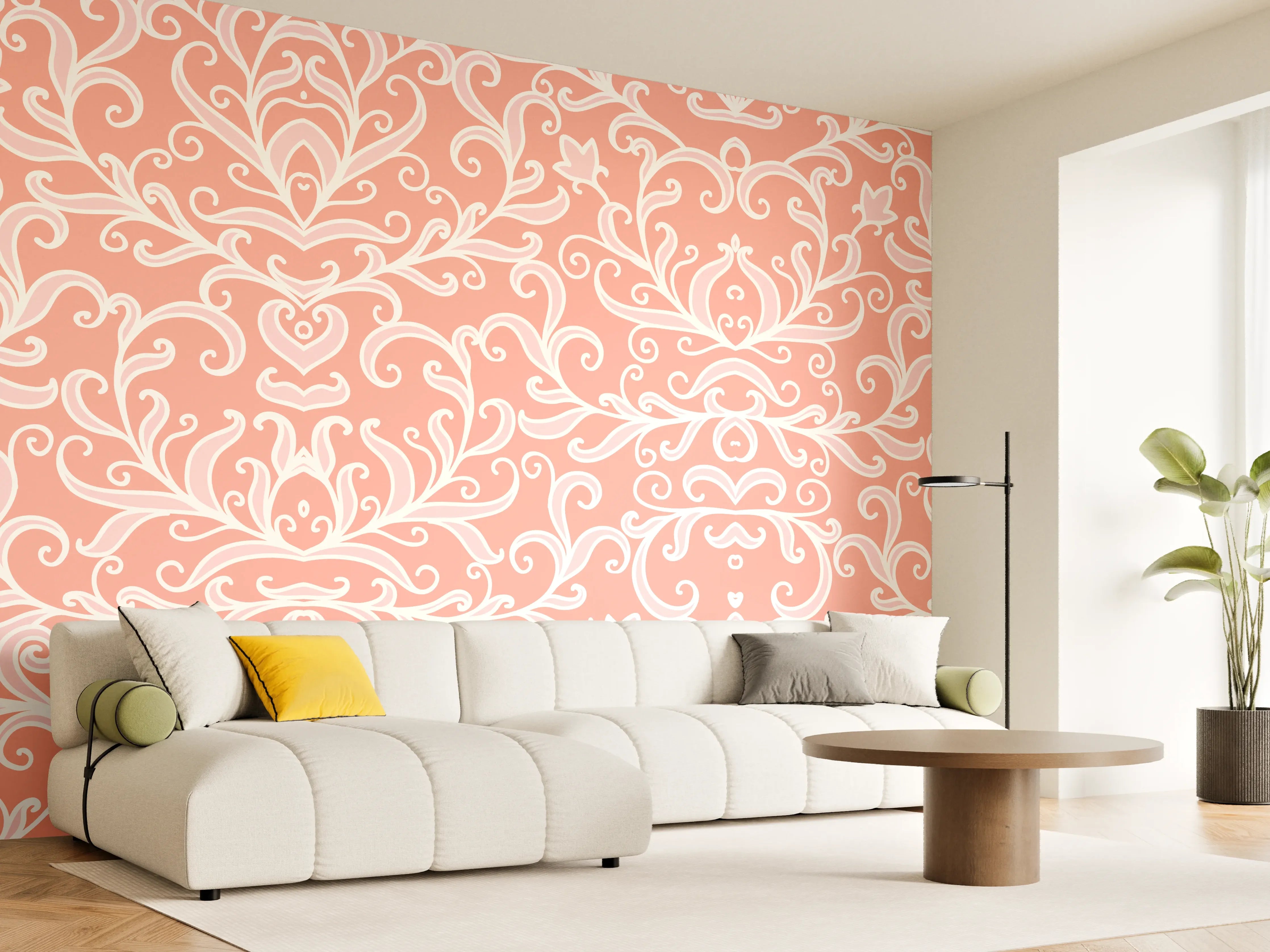 Wandverkleidung Wohnzimmer - Elegantes Damastmuster in Pfirsichtönen