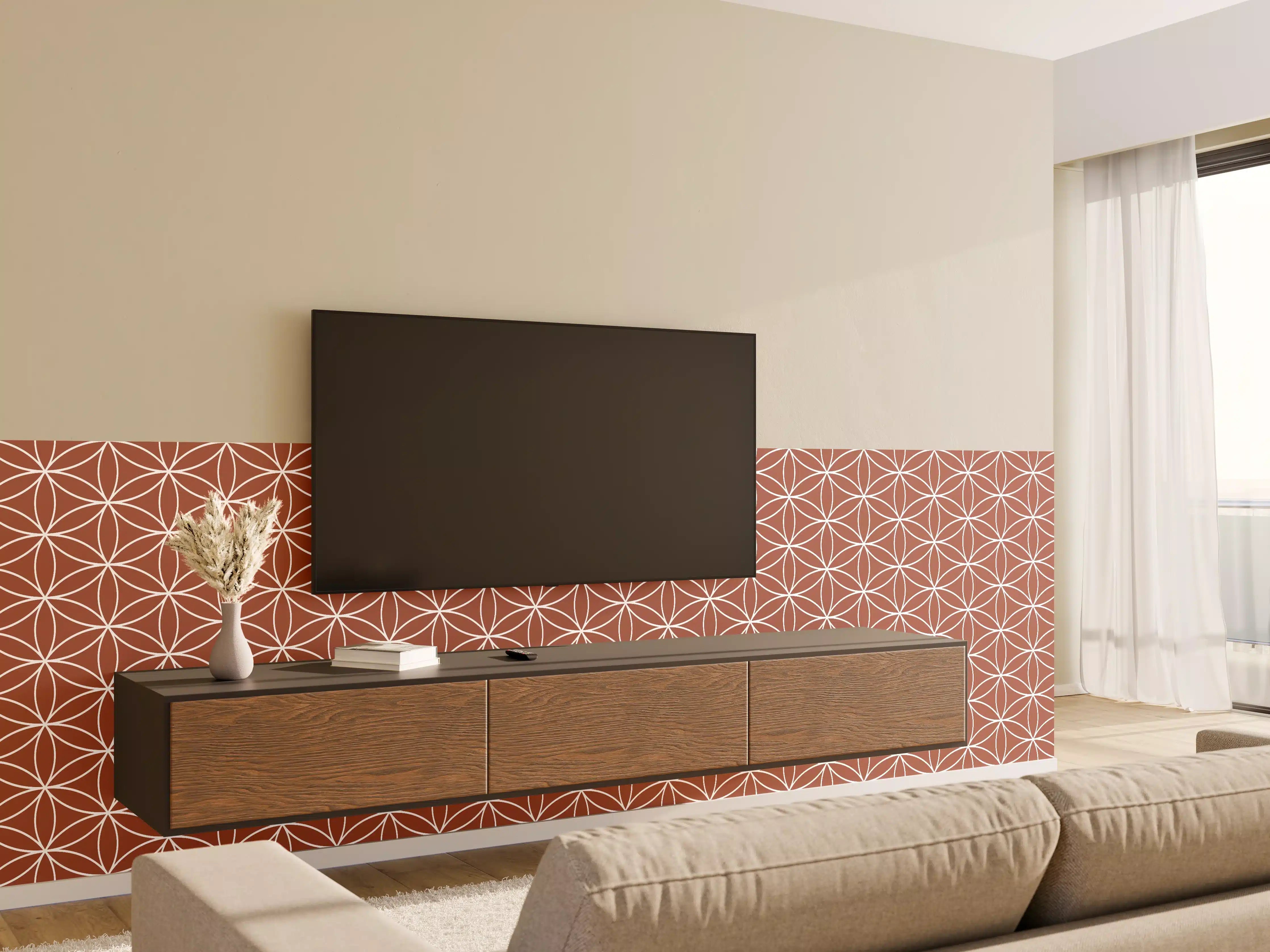 Wandverkleidung Wohnzimmer - Elegantes Design mit geometrischem Muster in warmen Tönen