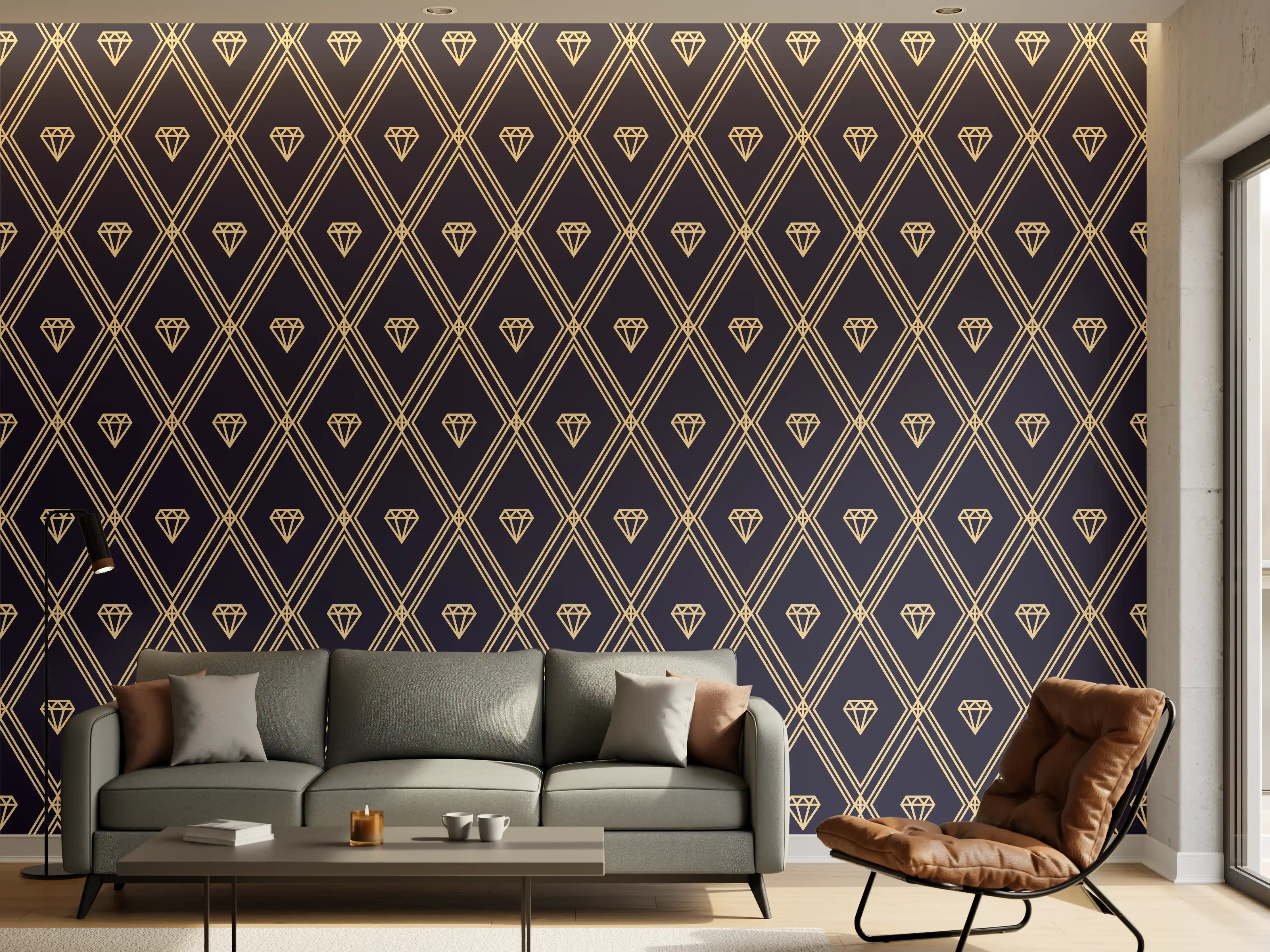 Wandverkleidung Wohnzimmer - Elegantes Diamanten-Muster in Gold
