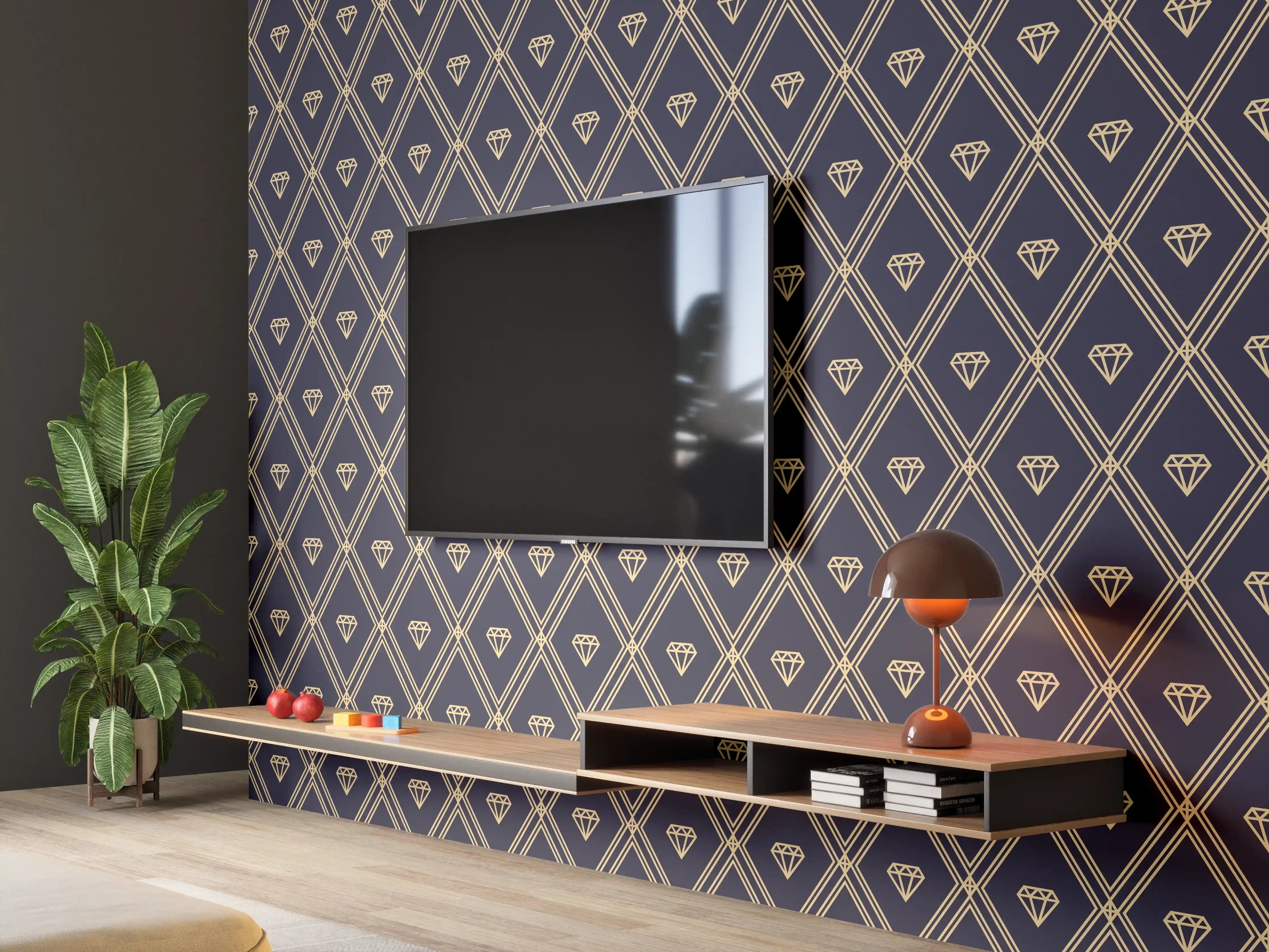 Wandverkleidung Wohnzimmer - Elegantes Diamanten-Muster in Gold