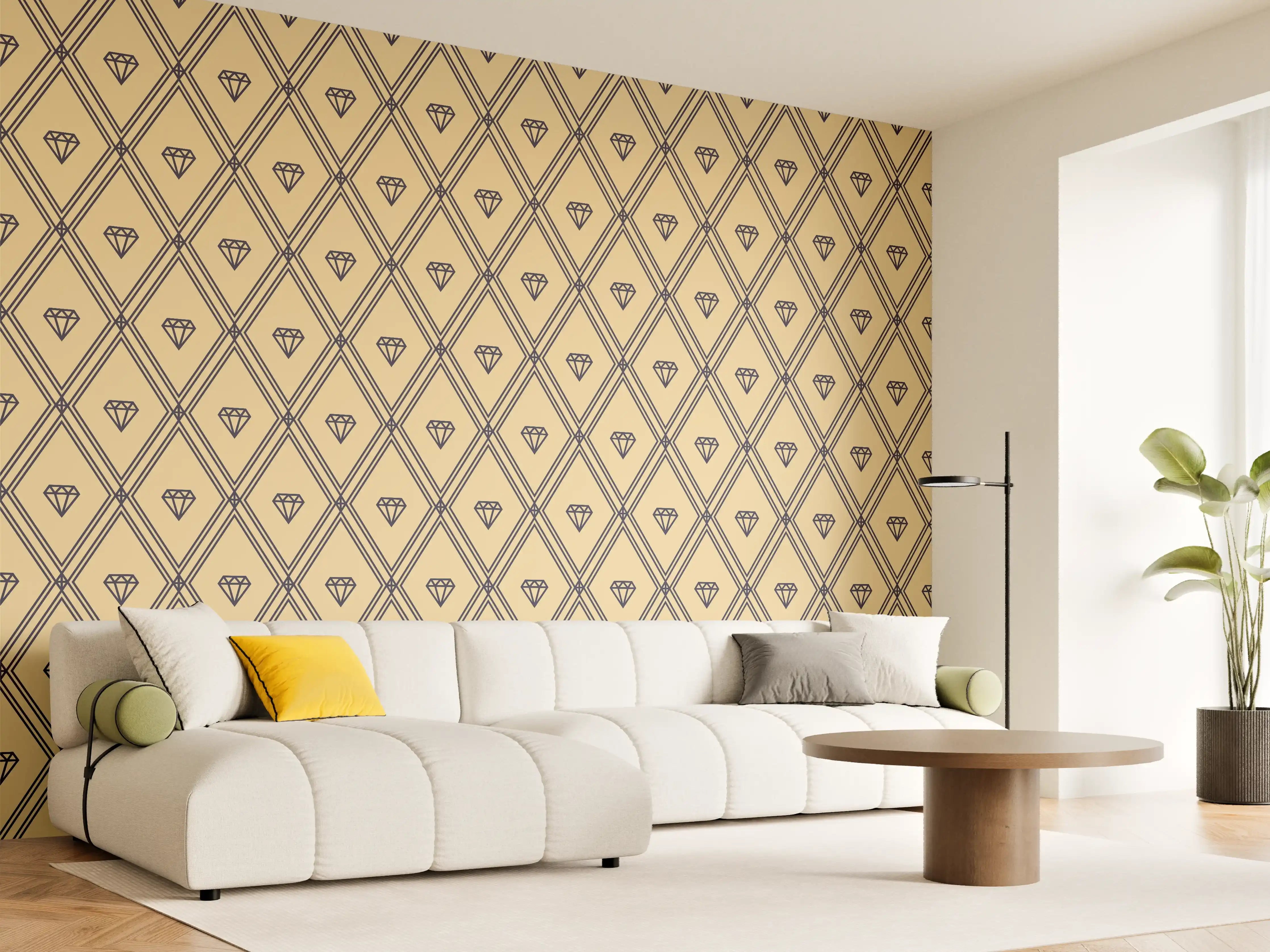 Wandverkleidung Wohnzimmer - Elegantes Diamantenmuster in Goldtönen