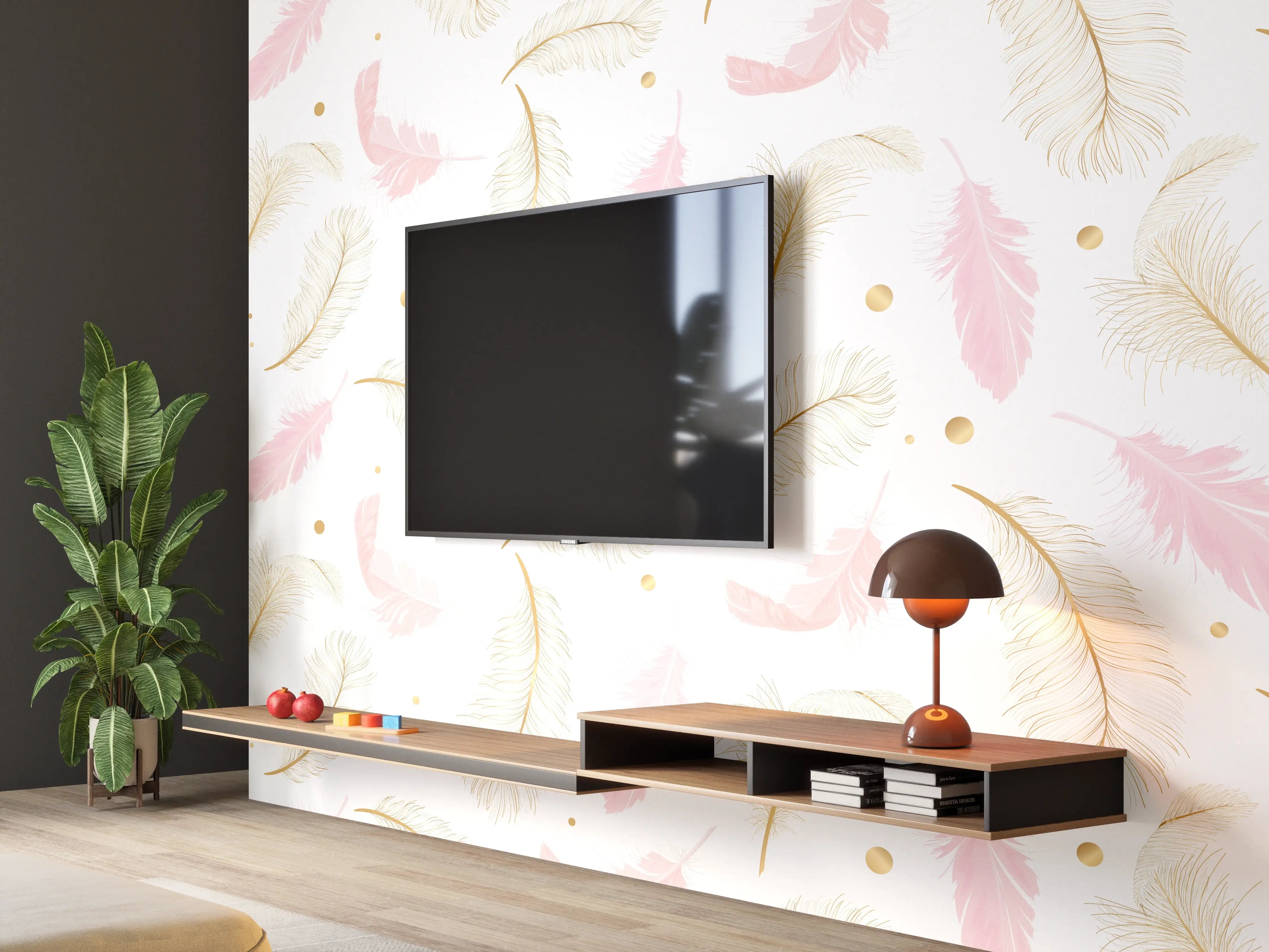 Wandverkleidung Wohnzimmer - Elegantes Federmotiv mit Goldakzenten