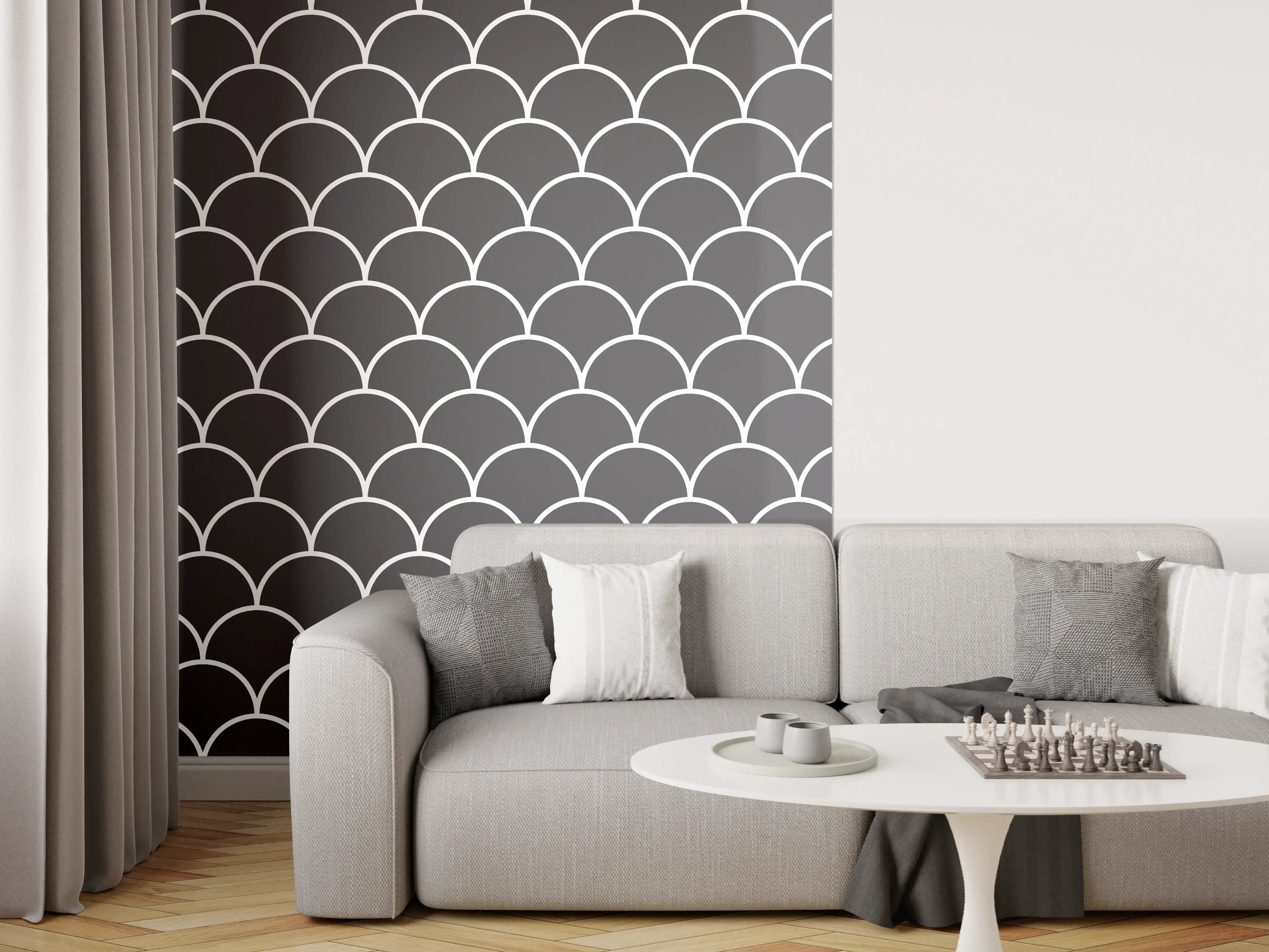 Wandverkleidung Wohnzimmer - Elegantes Fischschuppenmuster in Grau